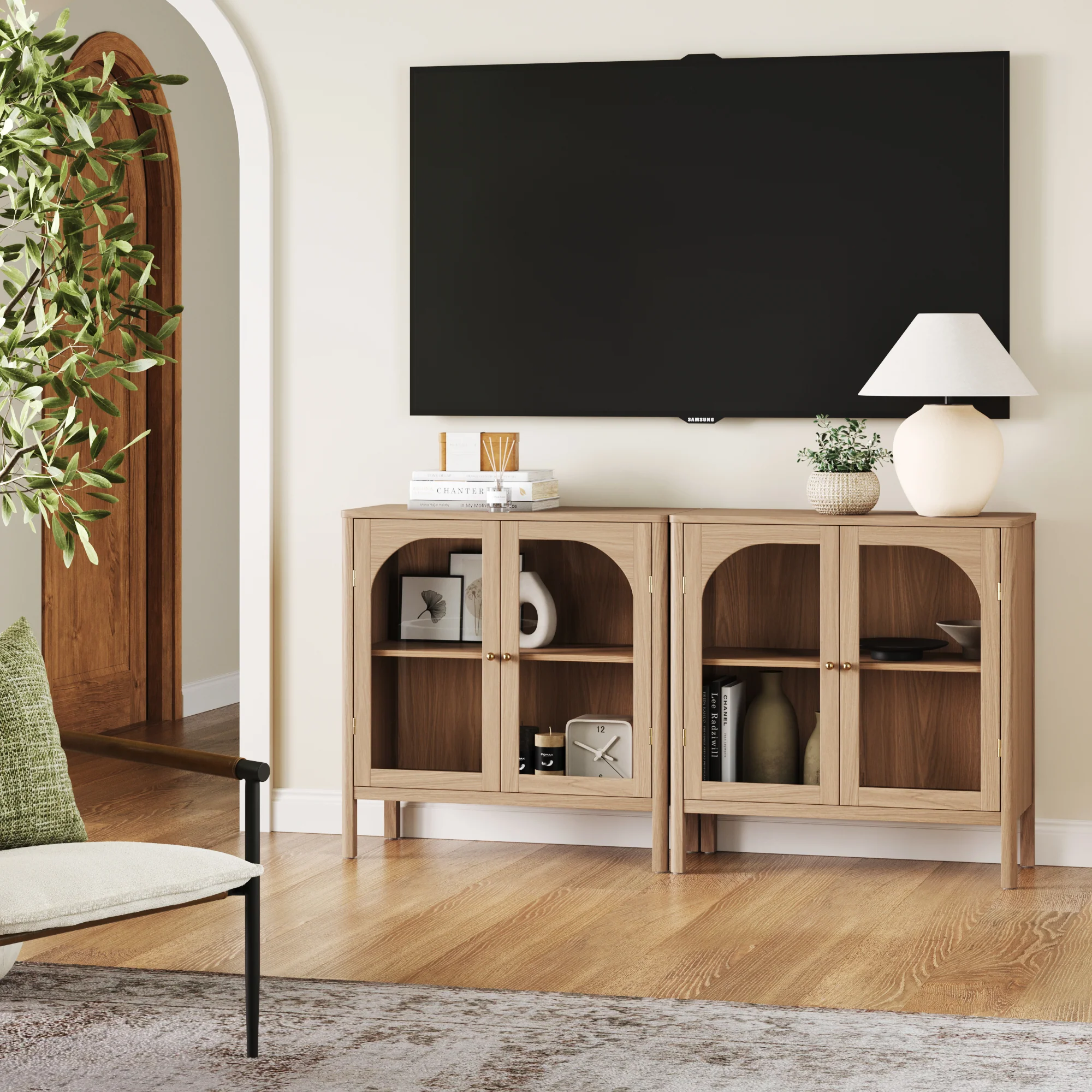 Curio Cabinet Credenza with Glass Door Raw Oak (Set of 2) - Image 2
