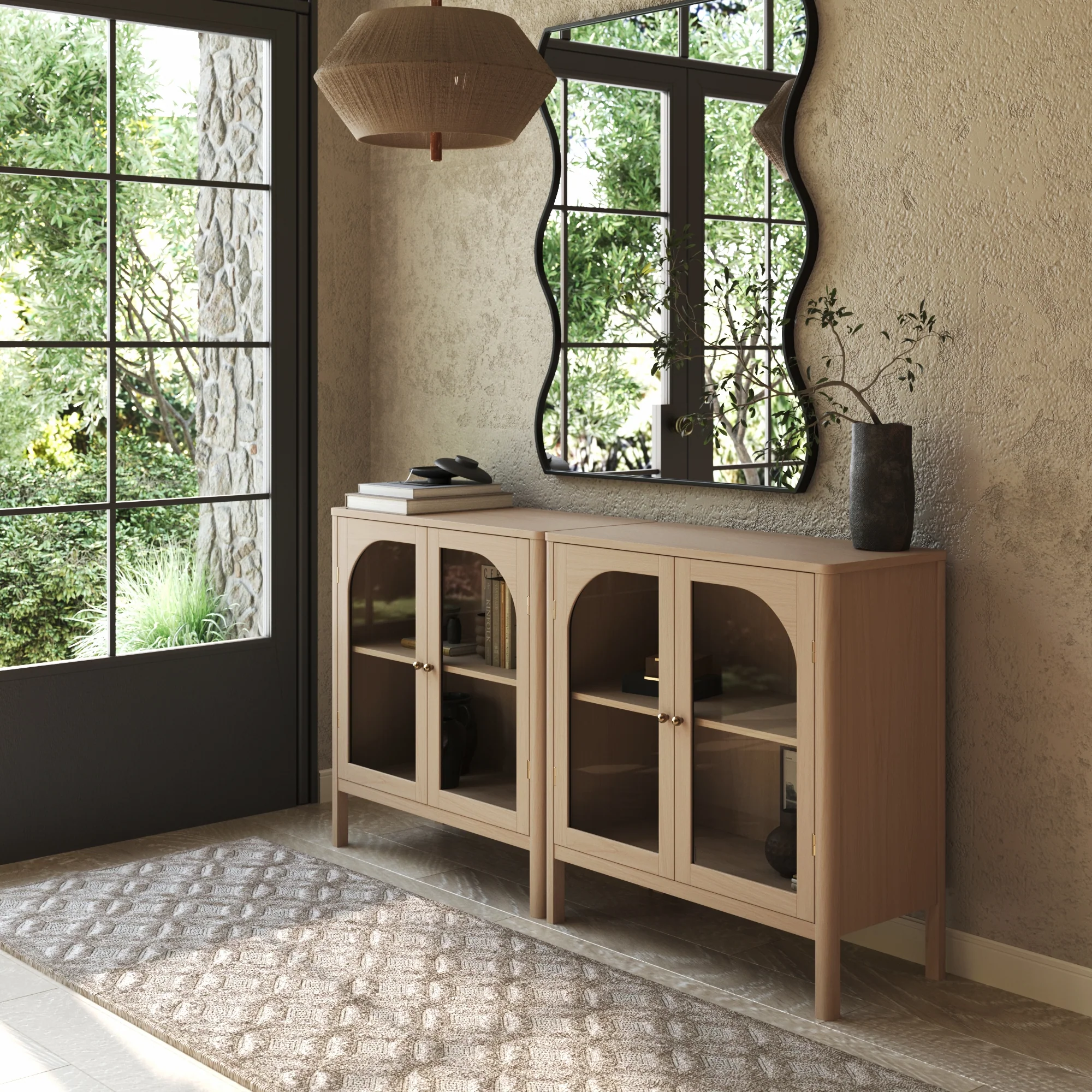 Curio Cabinet Credenza with Glass Door Raw Oak (Set of 2)