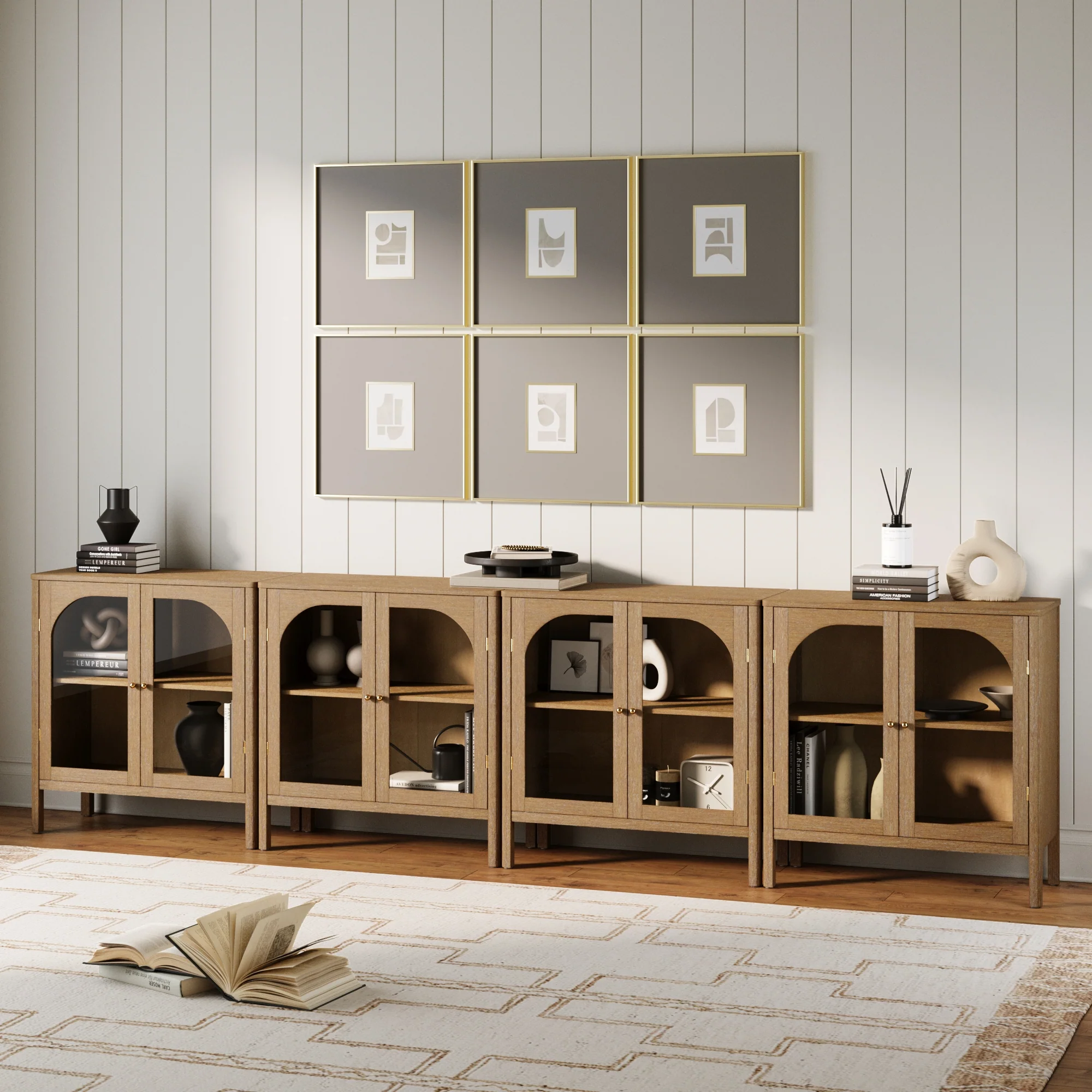 Large Glass Door Curio Cabinet Credenza Brown (Set of 4) - Image 2