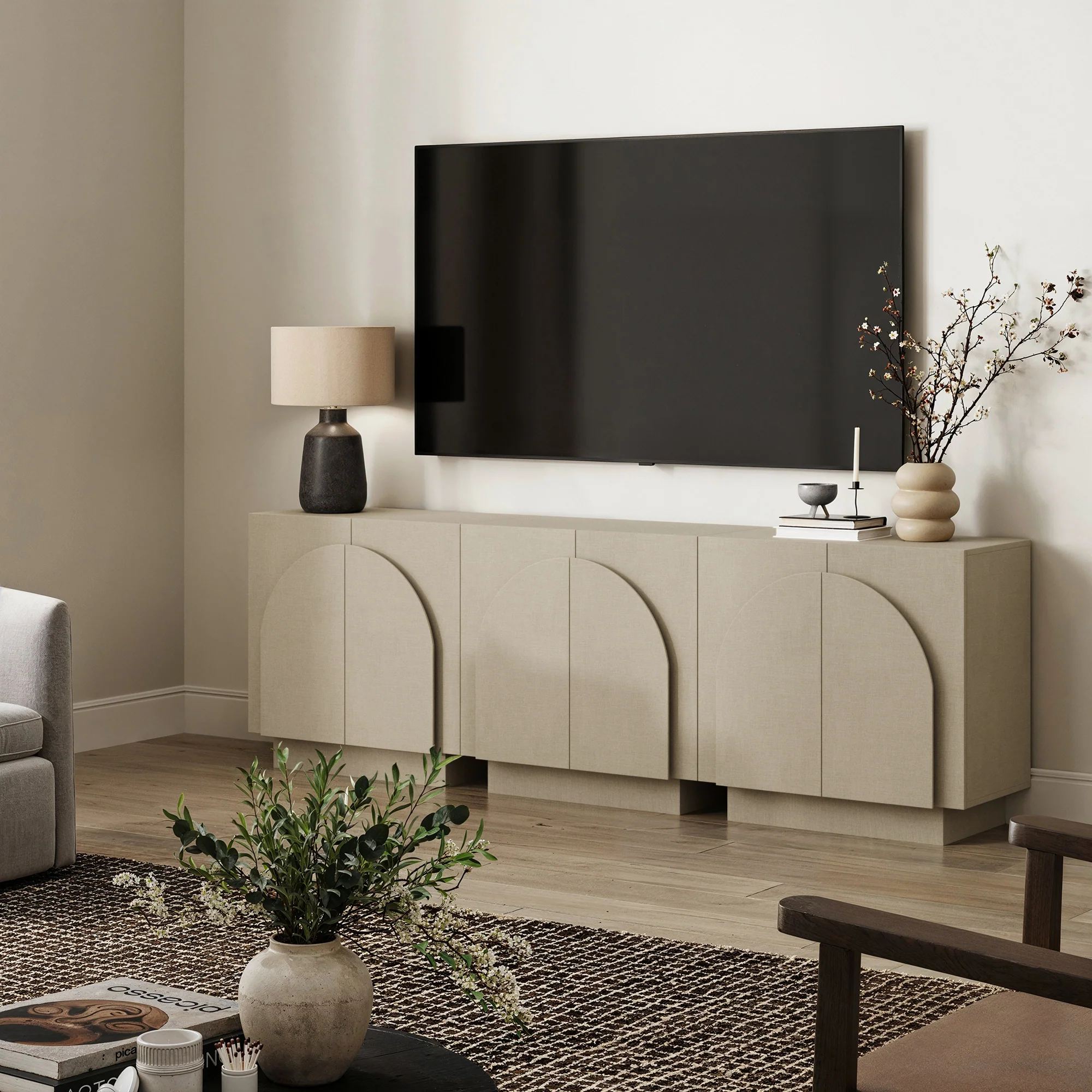 Arched Fabric Wrapped Storage Cabinet Credenza Beige (Set of 3) - Image 2