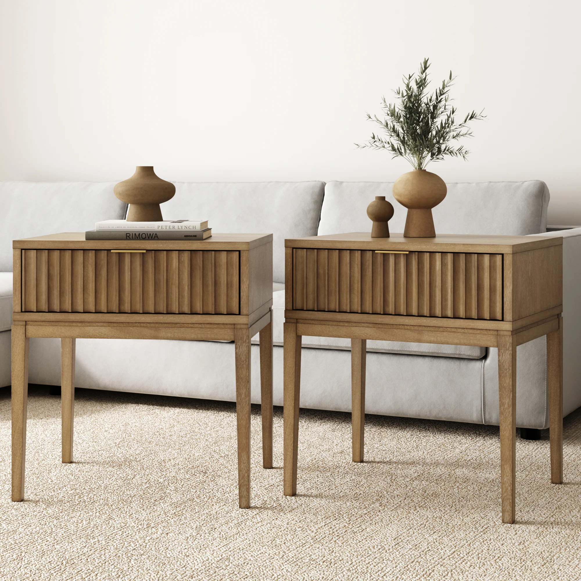 Bohemian Solid Wood Nightstand Set of 2 with Drawer Light Brown