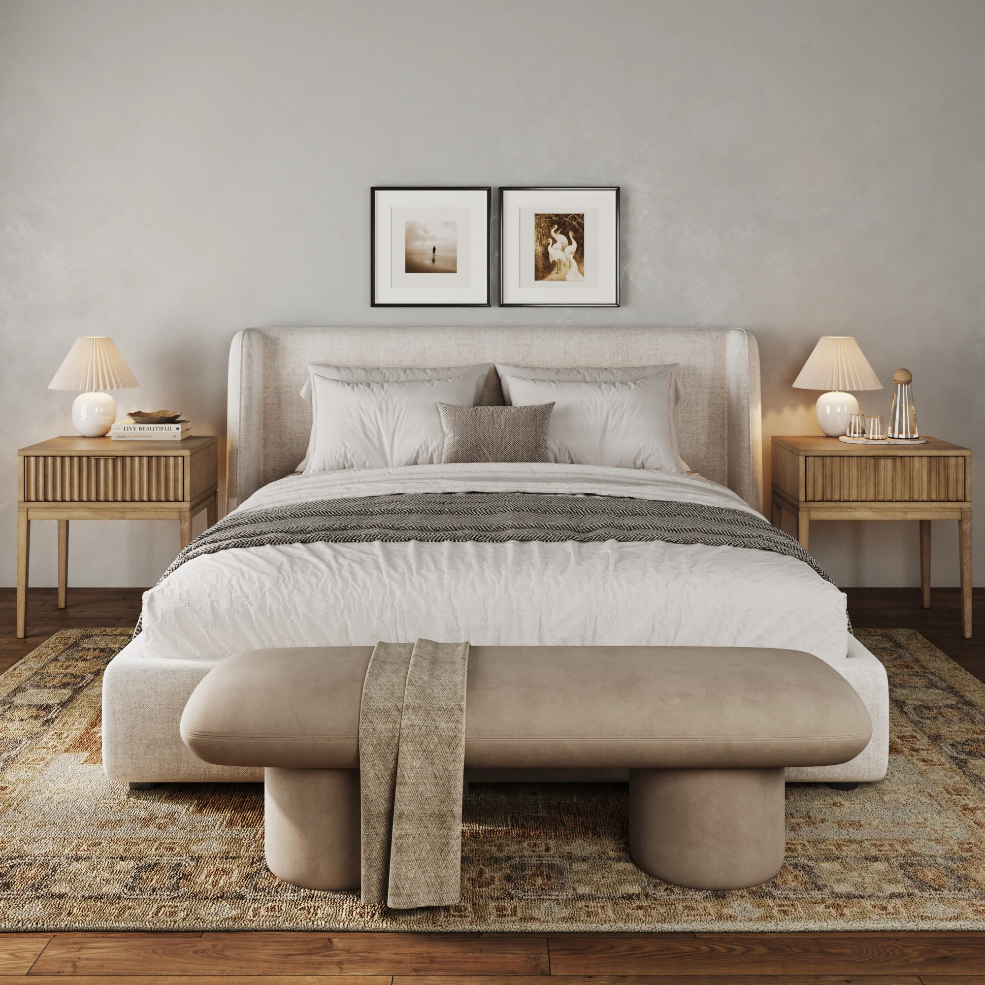 Bohemian Solid Wood Nightstand Set of 2 with Drawer Light Brown - Image 2