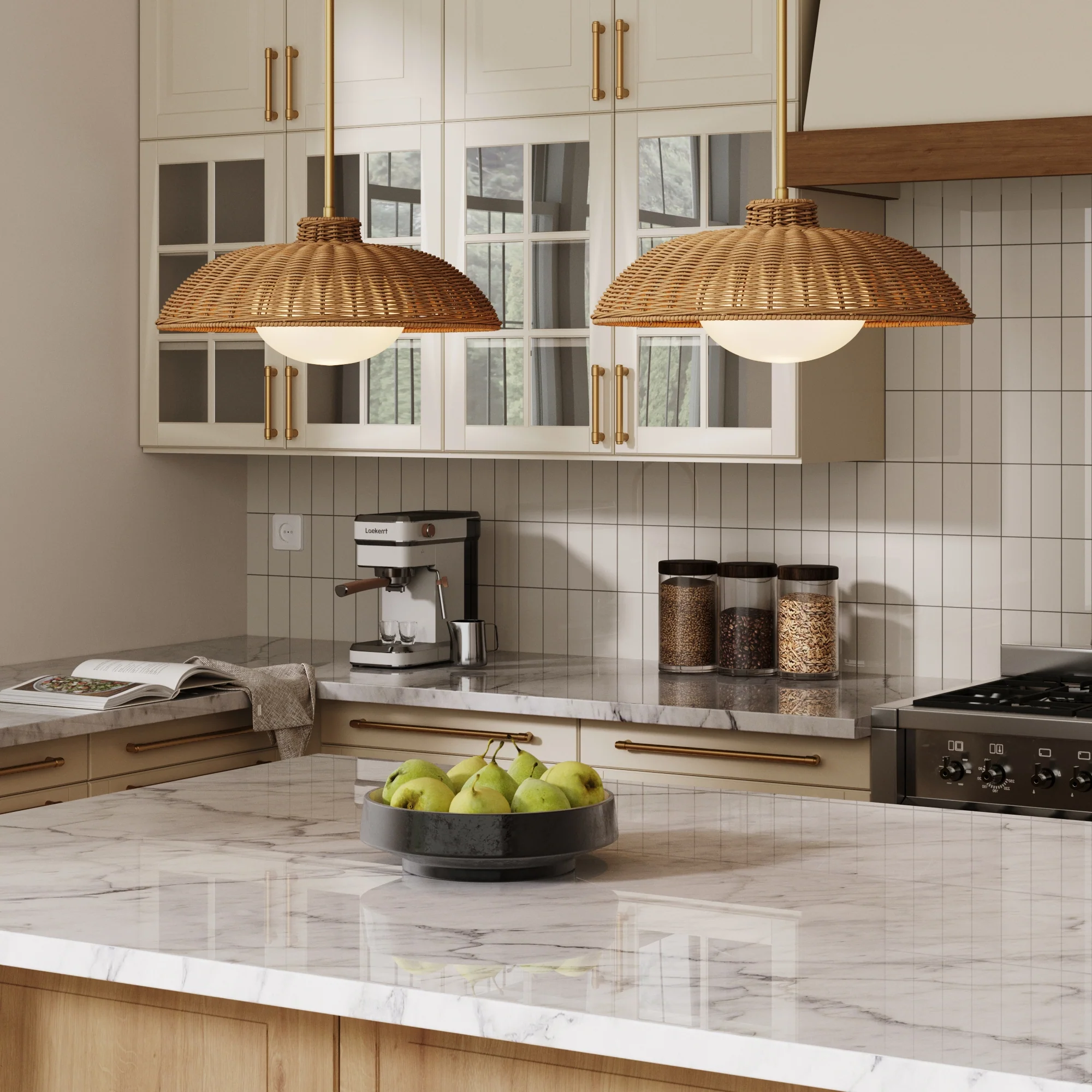 Boho Rattan Pendant Light Fixture with Glass Diffuser (Set of 2) - Image 2