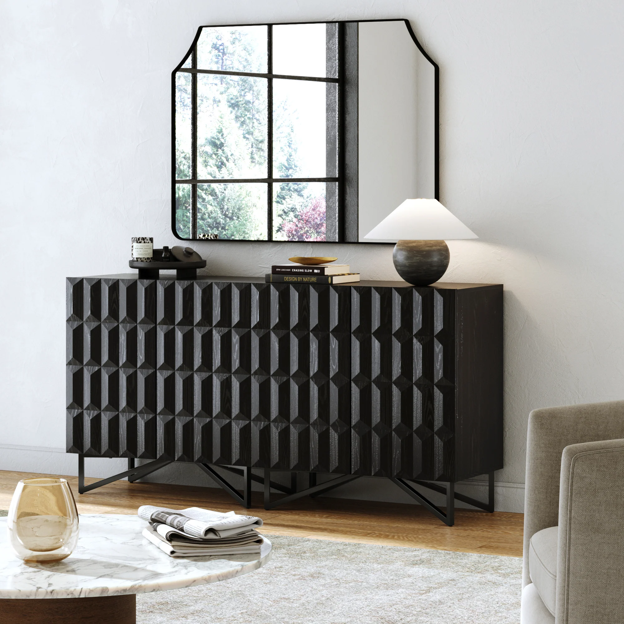 Modern TV Console with Textured Front for for TVs up to 65" Black Oak - Image 3