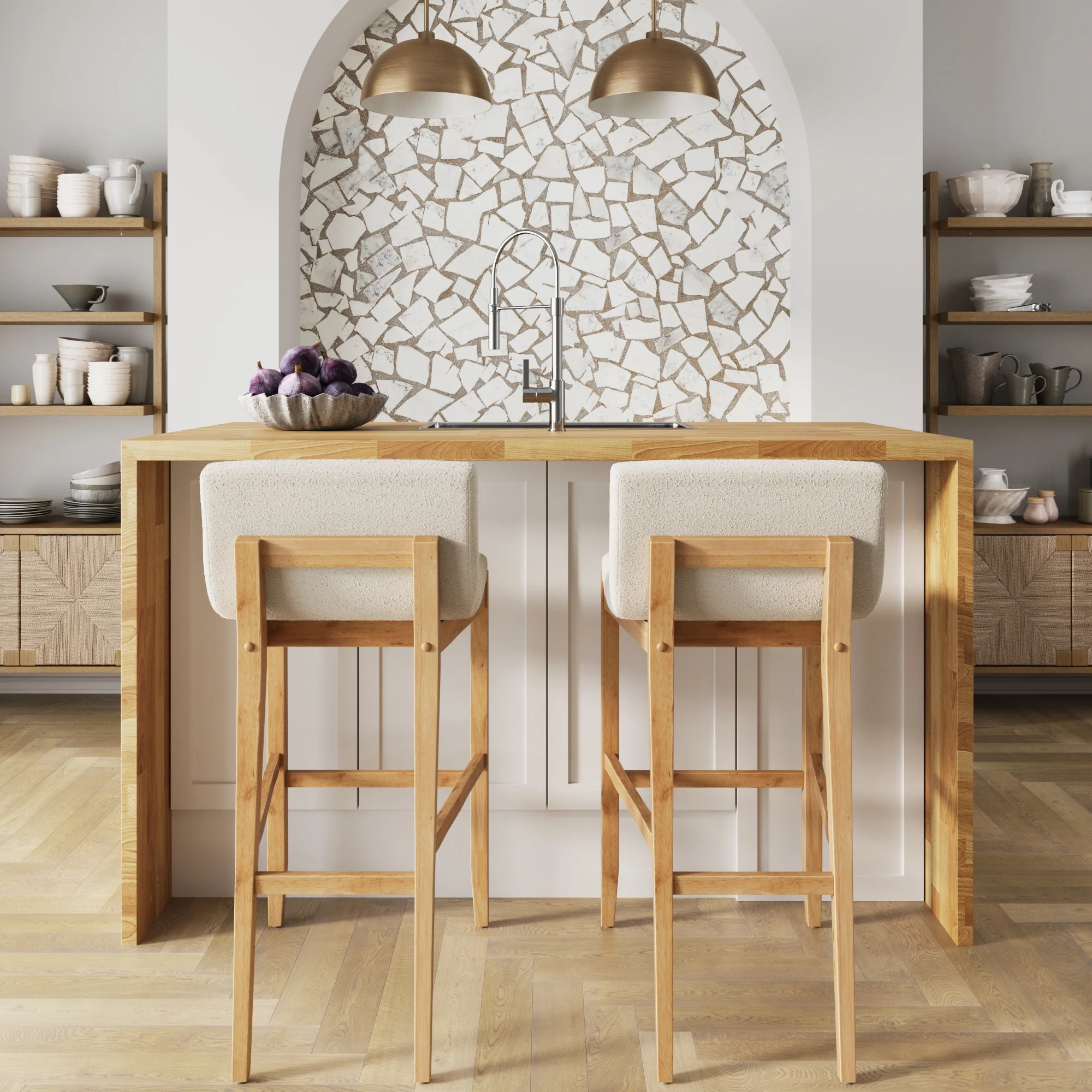 Exposed Wood Back Boucle Bar Stool Warm Pine Boucle (Set of 2) - Image 2