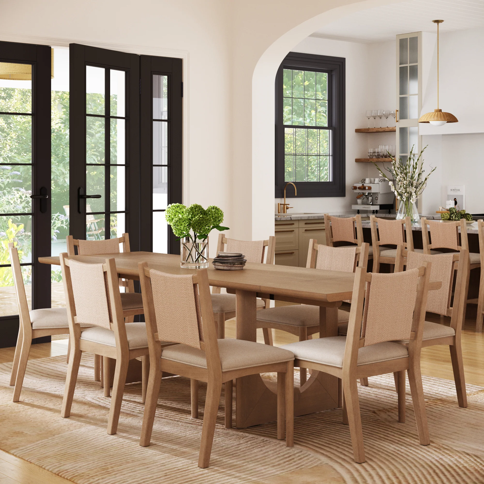Extendable Mid-Century Flax Dining Table Set (8 Chairs) - Image 2