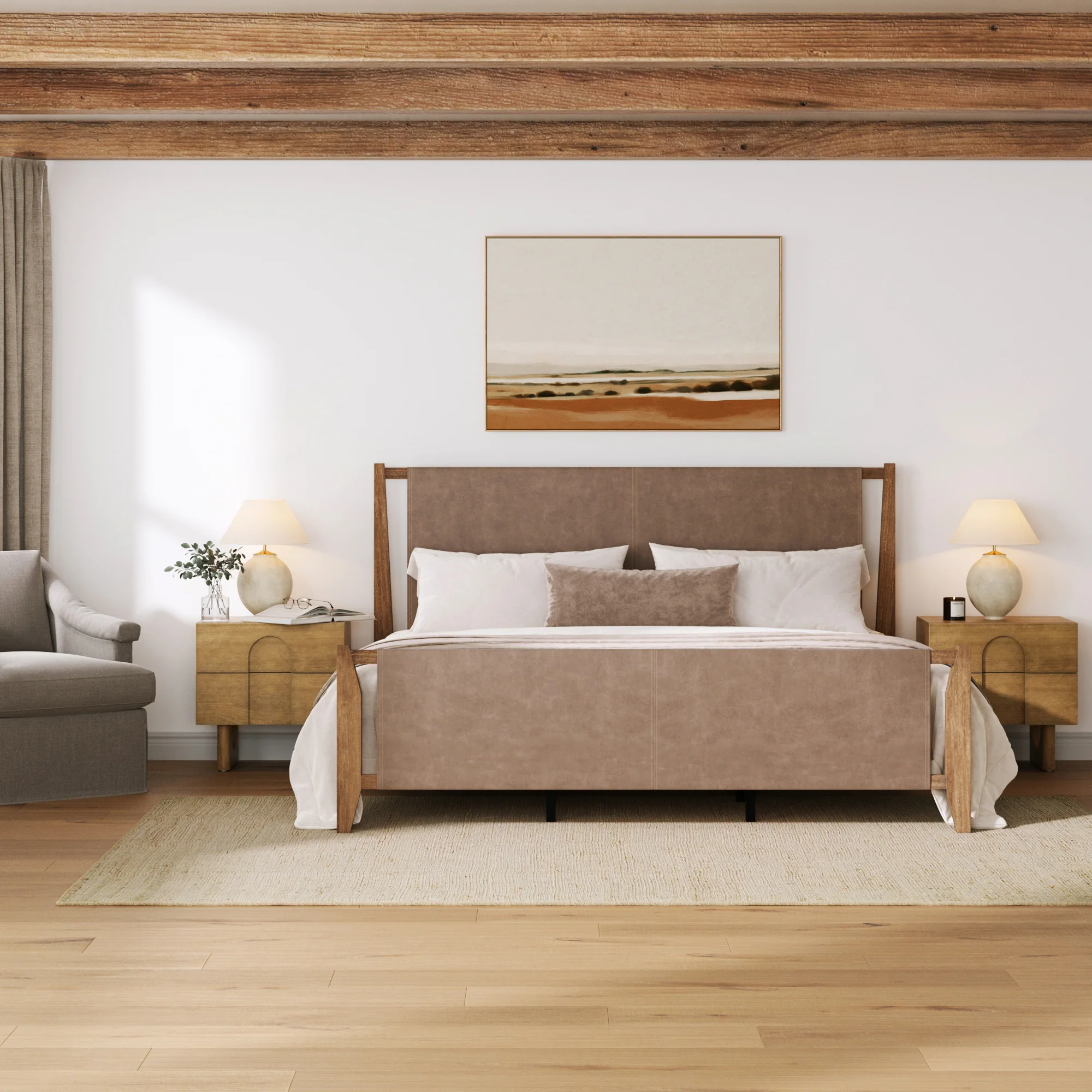 Faux Leather King Bed Frame with 2 Arched Nightstands Set Light Brown - Image 2
