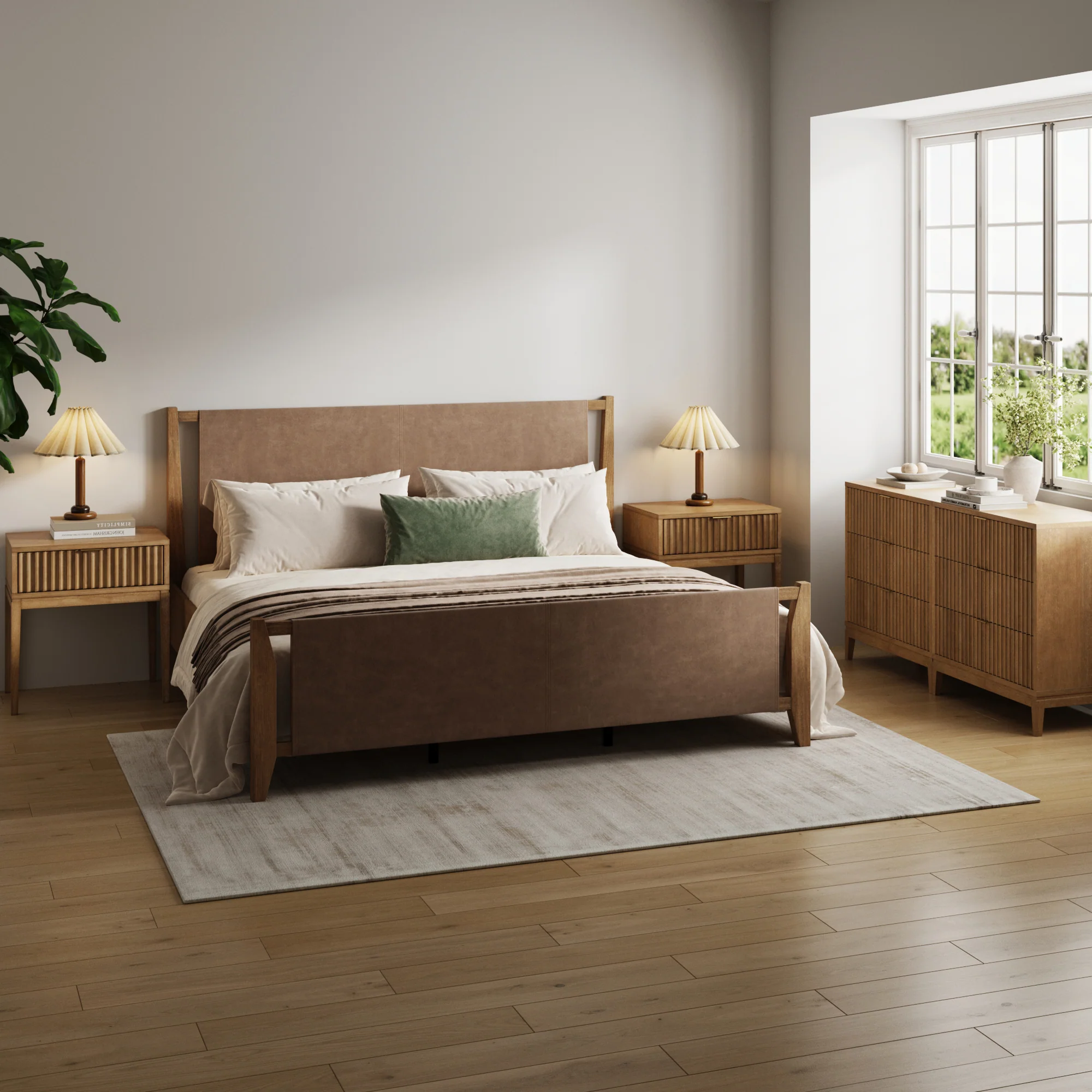 Faux Leather King Bedroom Set with 2 Fluted Dressers & 2 Nightstands Light Brown