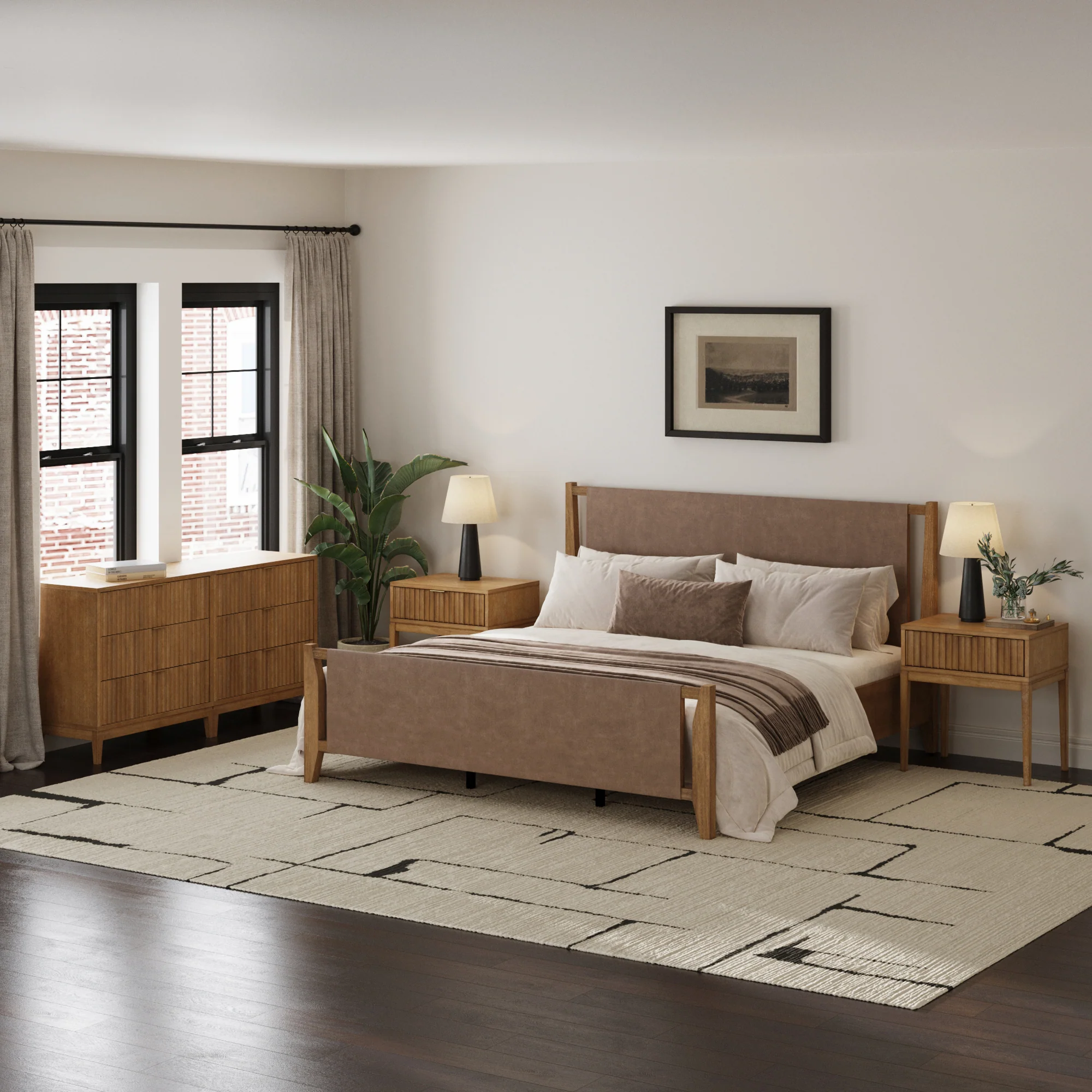 Faux Leather King Bedroom Set with 2 Fluted Dressers & 2 Nightstands Light Brown - Image 2