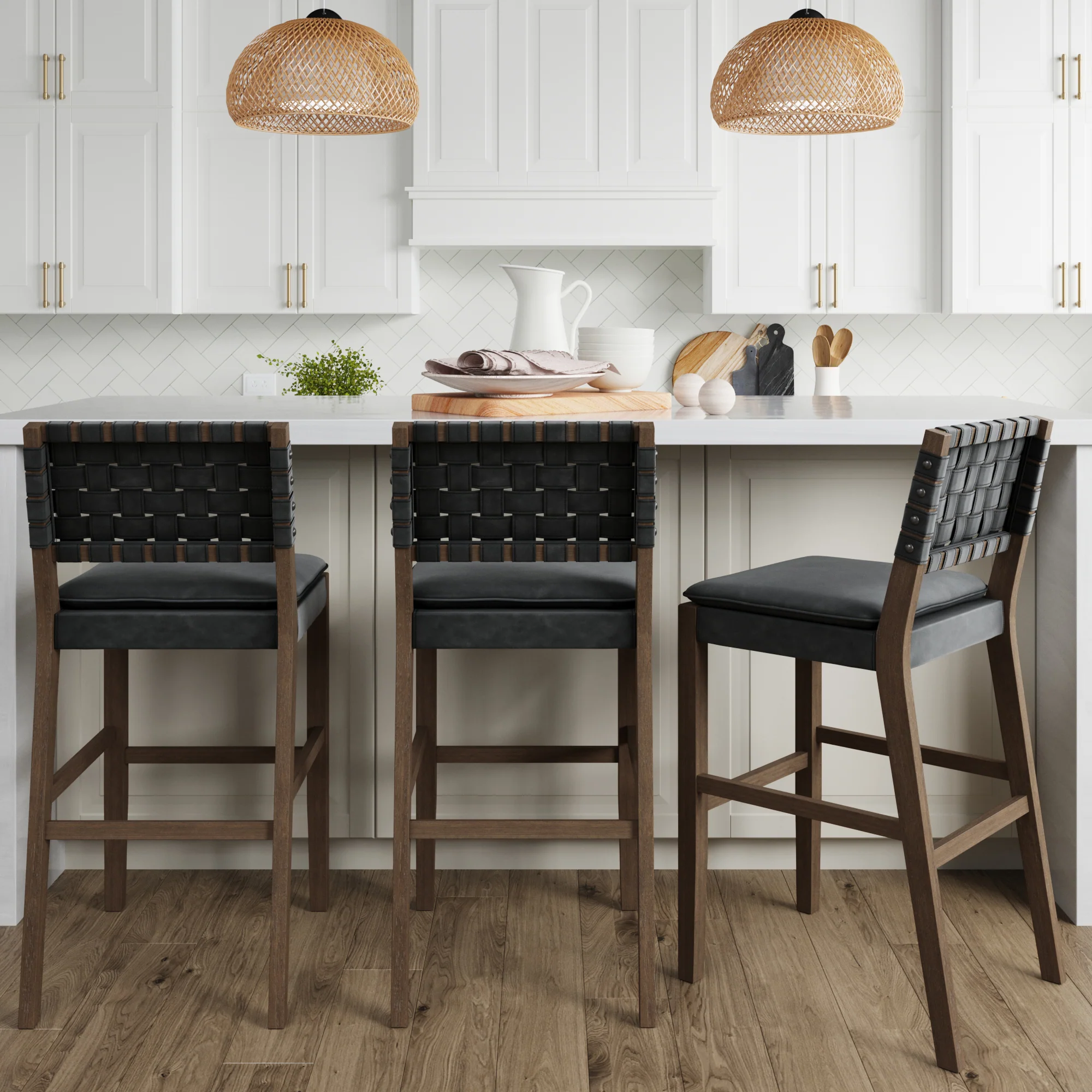 Faux Leather Woven Bar Stools Black (Set of 3)