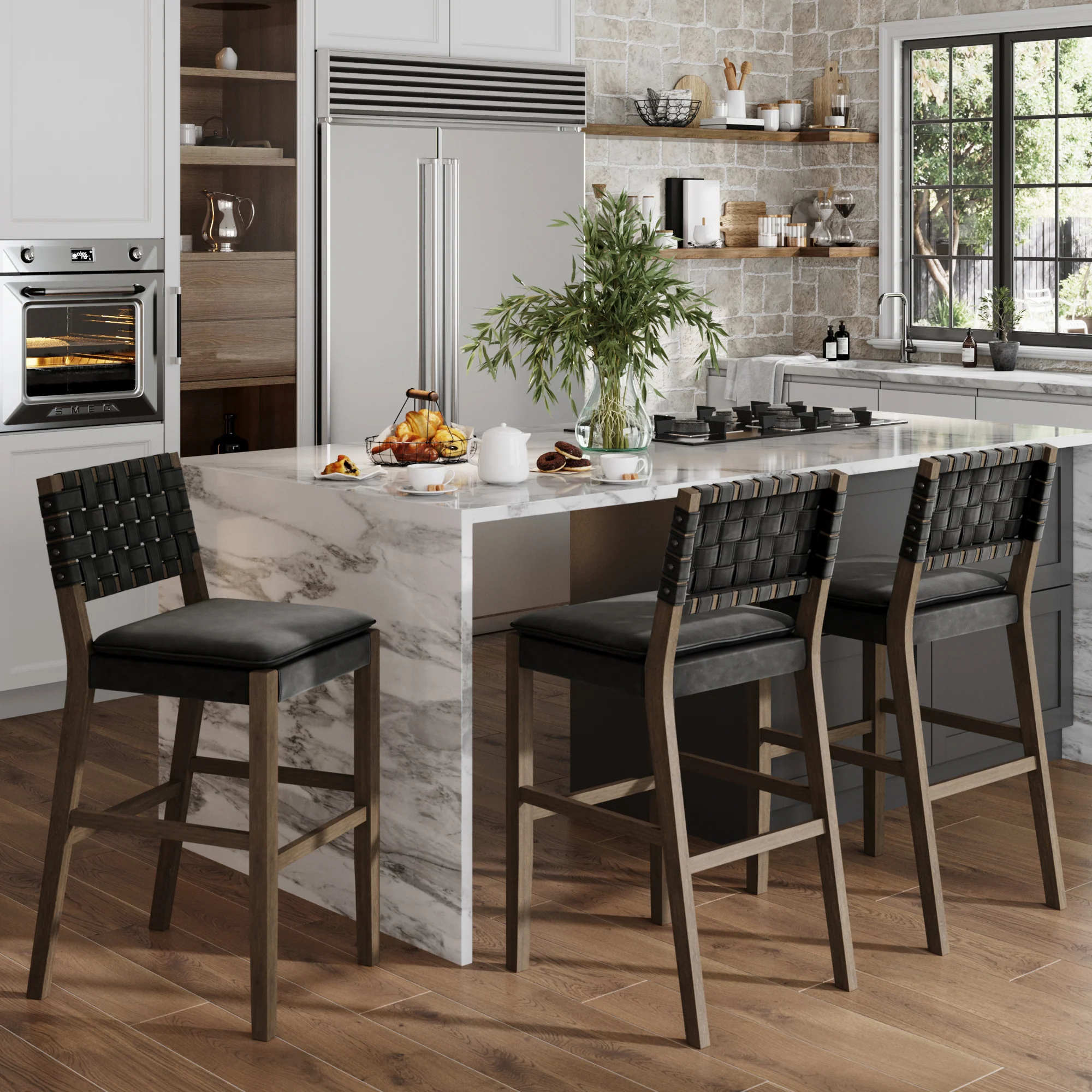 Faux Leather Woven Bar Stools Black (Set of 3) - Image 2