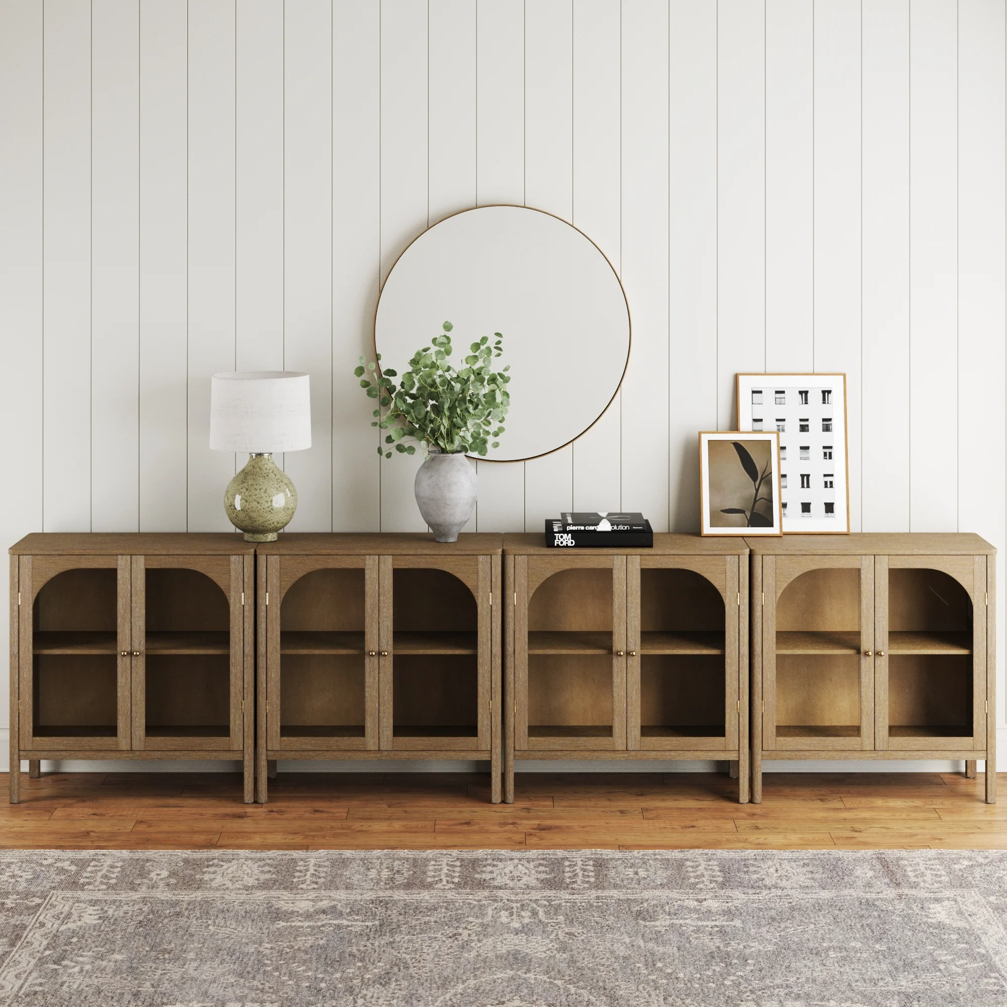 Large Glass Door Curio Cabinet Credenza Brown (Set of 4)