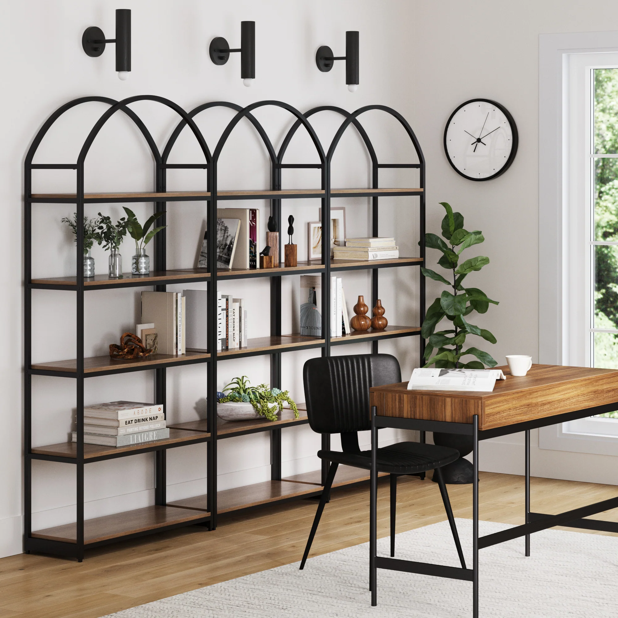 Metal 5-Shelf Arched Bookshelves Oak (Set of 3) - Image 2