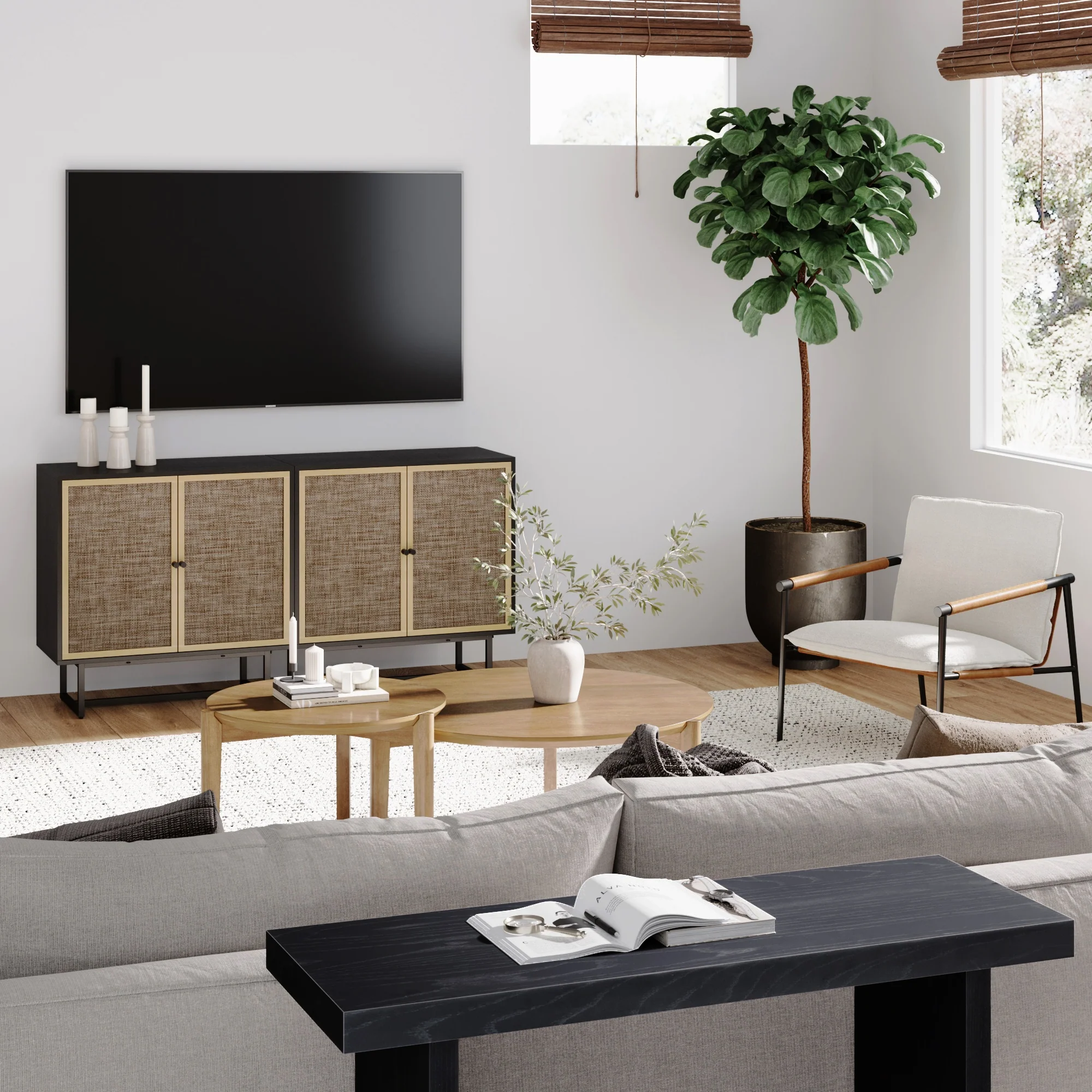 Metal and Rattan TV Stand Console for TVs up to 65" Black Oak - Image 2