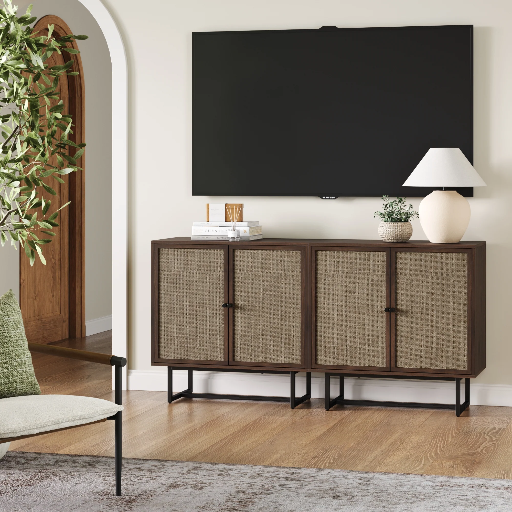 Rattan Storage Cabinet Credenza Walnut (Set of 2) - Image 2