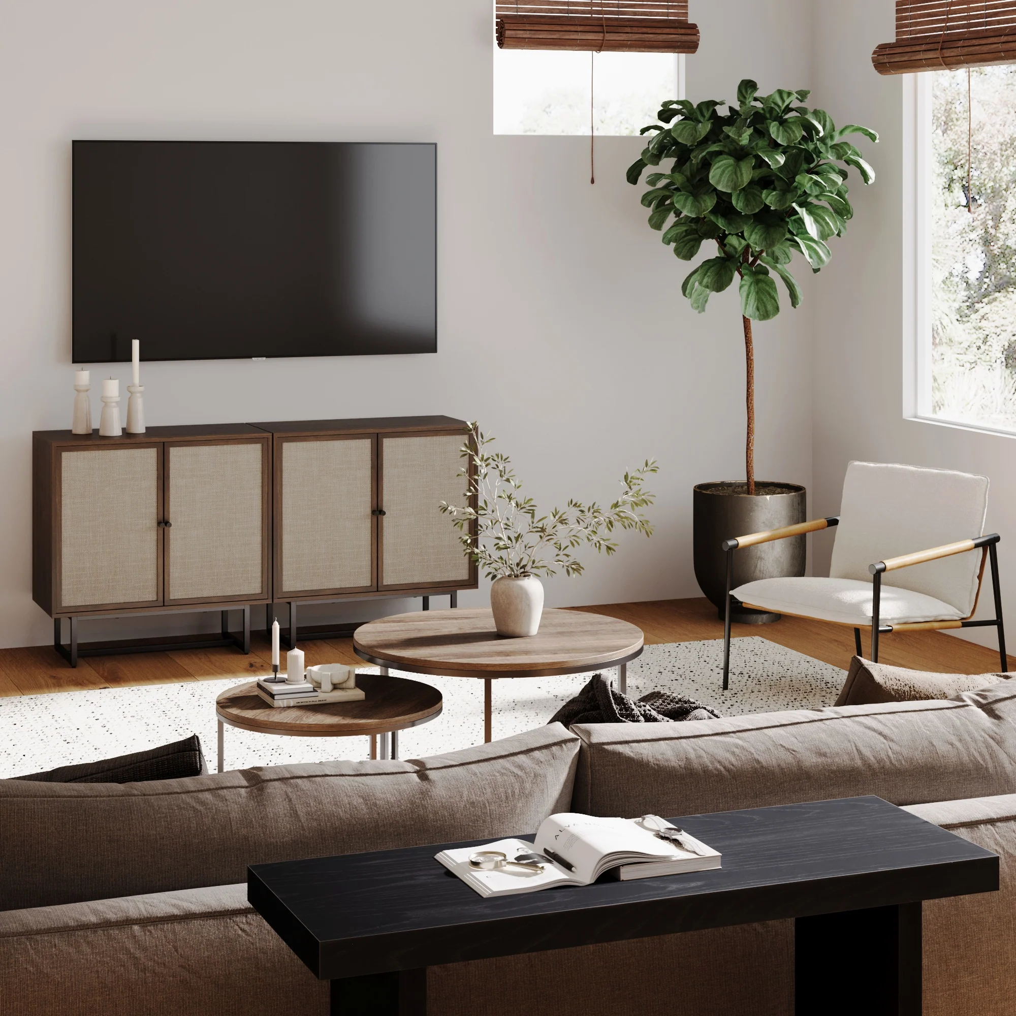 Rattan Storage Cabinet Credenza Walnut (Set of 2) - Image 3