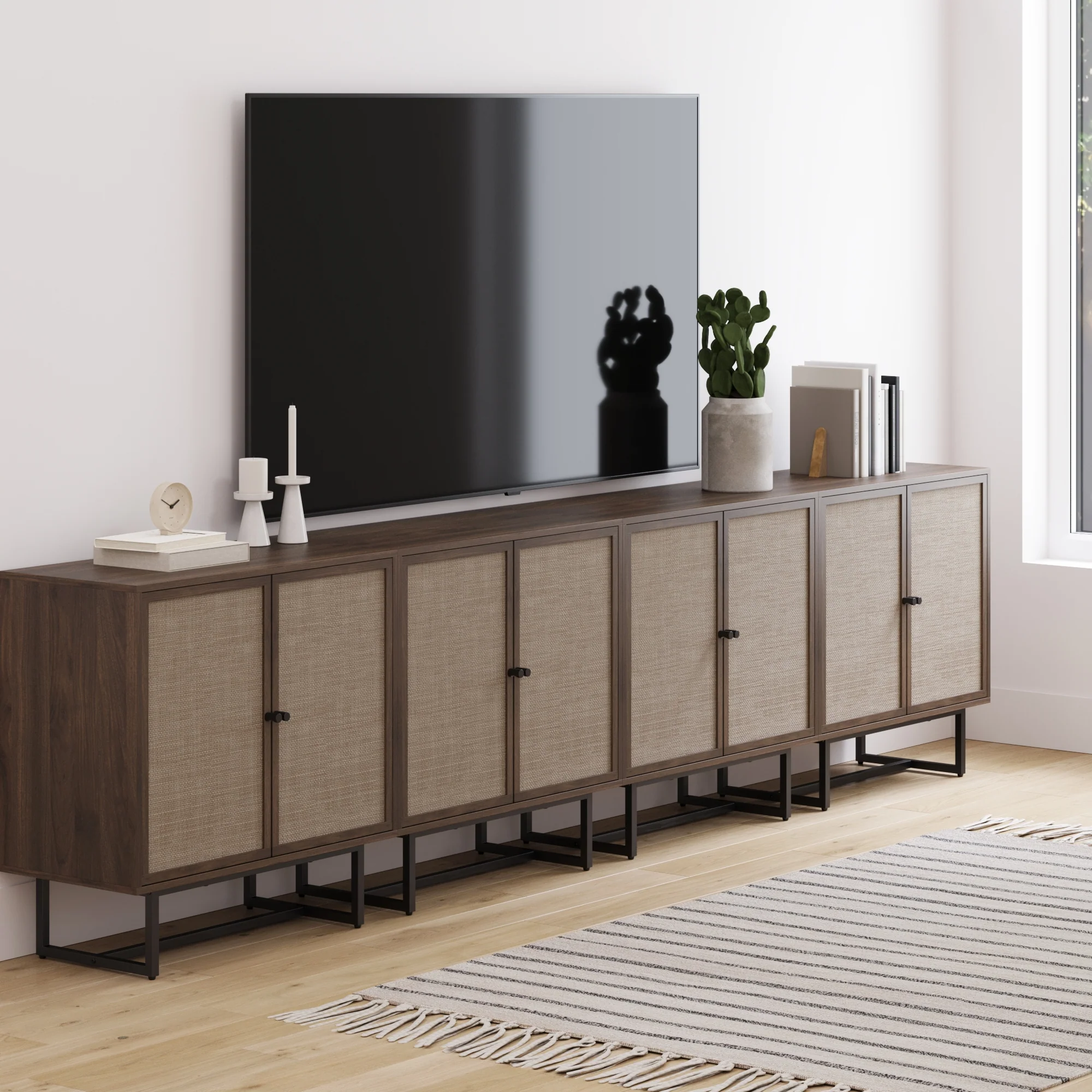 Metal and Rattan TV Stand Console for TVs up to 100" Walnut