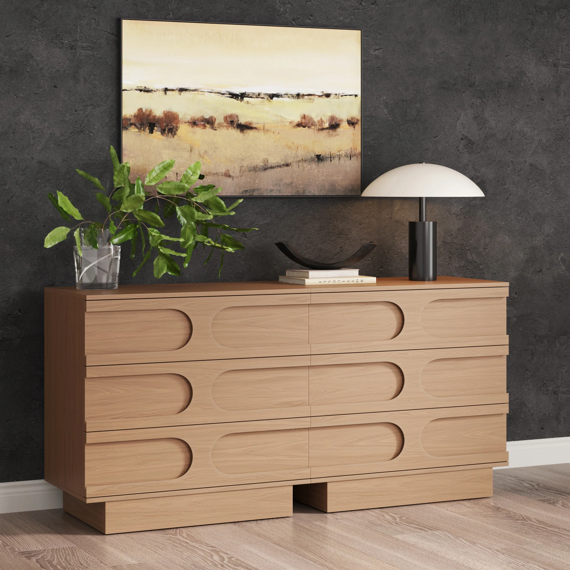 Mid-Century 3-Drawer Arched Dresser Raw Oak (Set of 2)