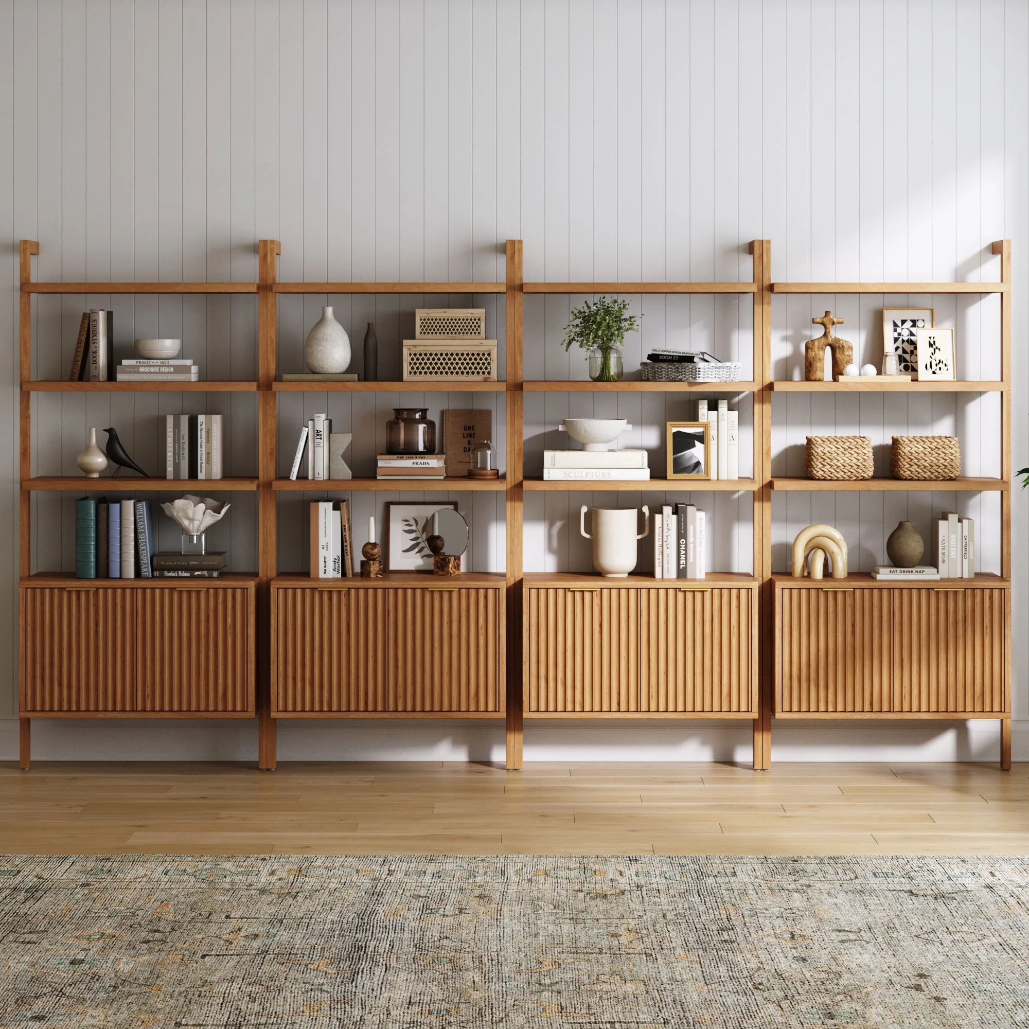Mid-Century Fluted Wall Bookshelves with Doors Warm Pine (Set of 4)