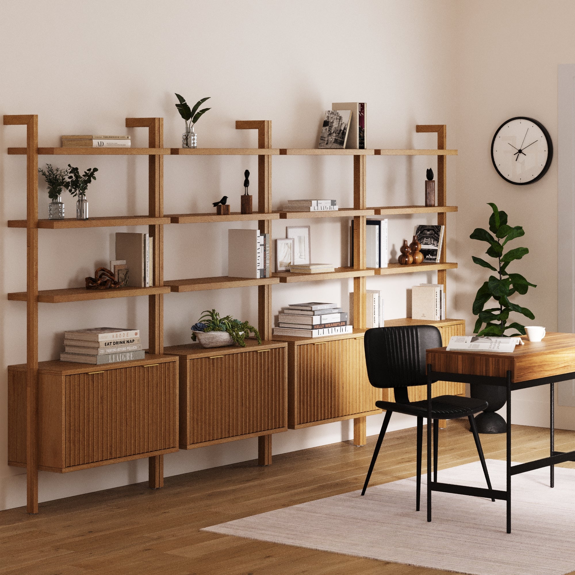 Mid-Century Fluted Wall Bookshelves with Doors Warm Pine (Set of 4) - Image 2