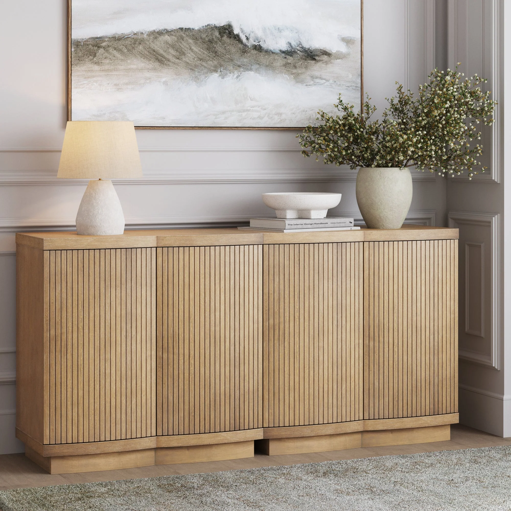Mid-Century Modern Wood Fluted Cabinet Credenza Light Brown (Set of 2)