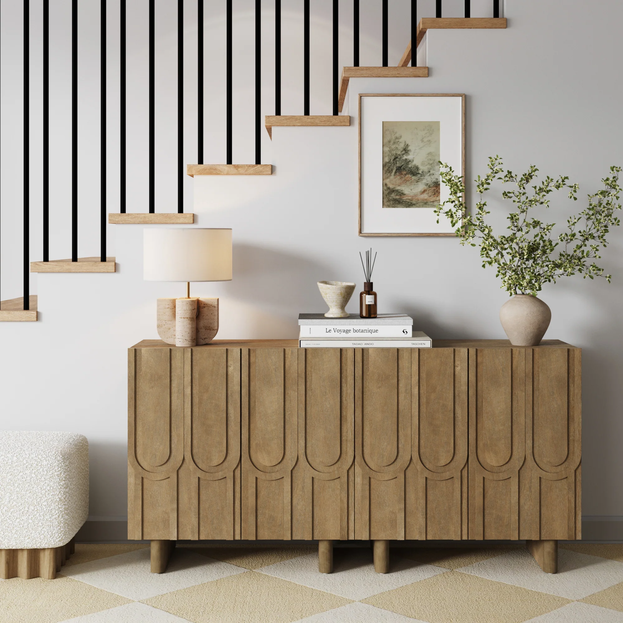 Mid Century Style Credenza with Geometric Carved Doors Light Brown - Image 2