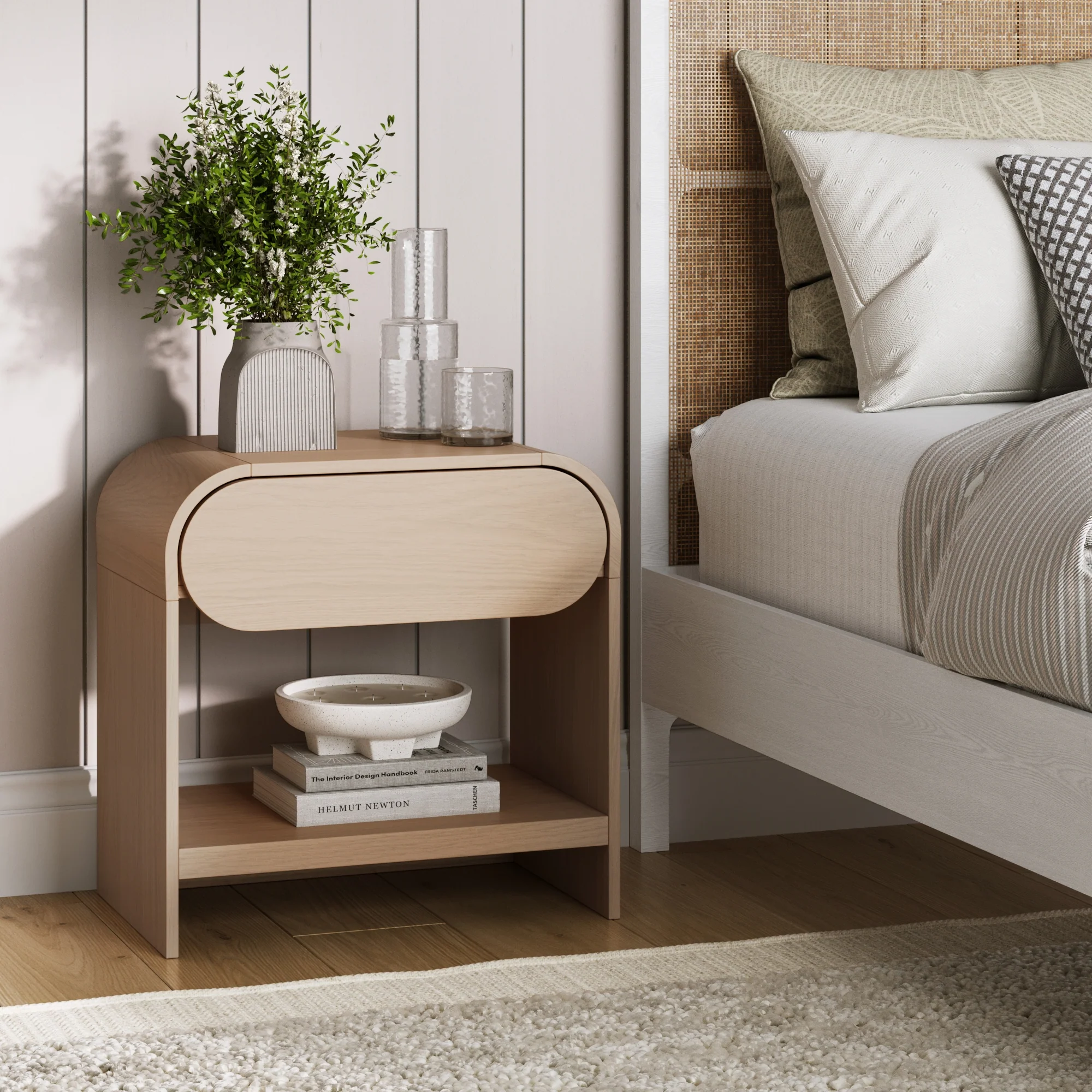 Mid-Century Wood Arched Nightstand Pale Oak