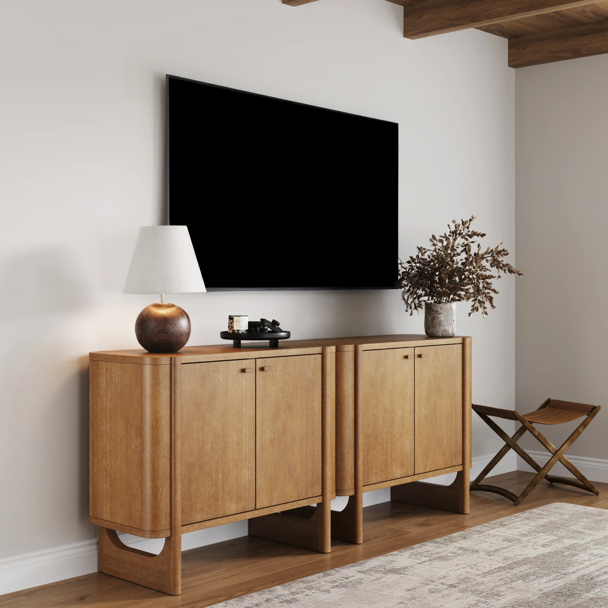 Mid-Century Modern Solid Wood Accent Cabinet Credenza Light Brown (Set of 2) - Image 2