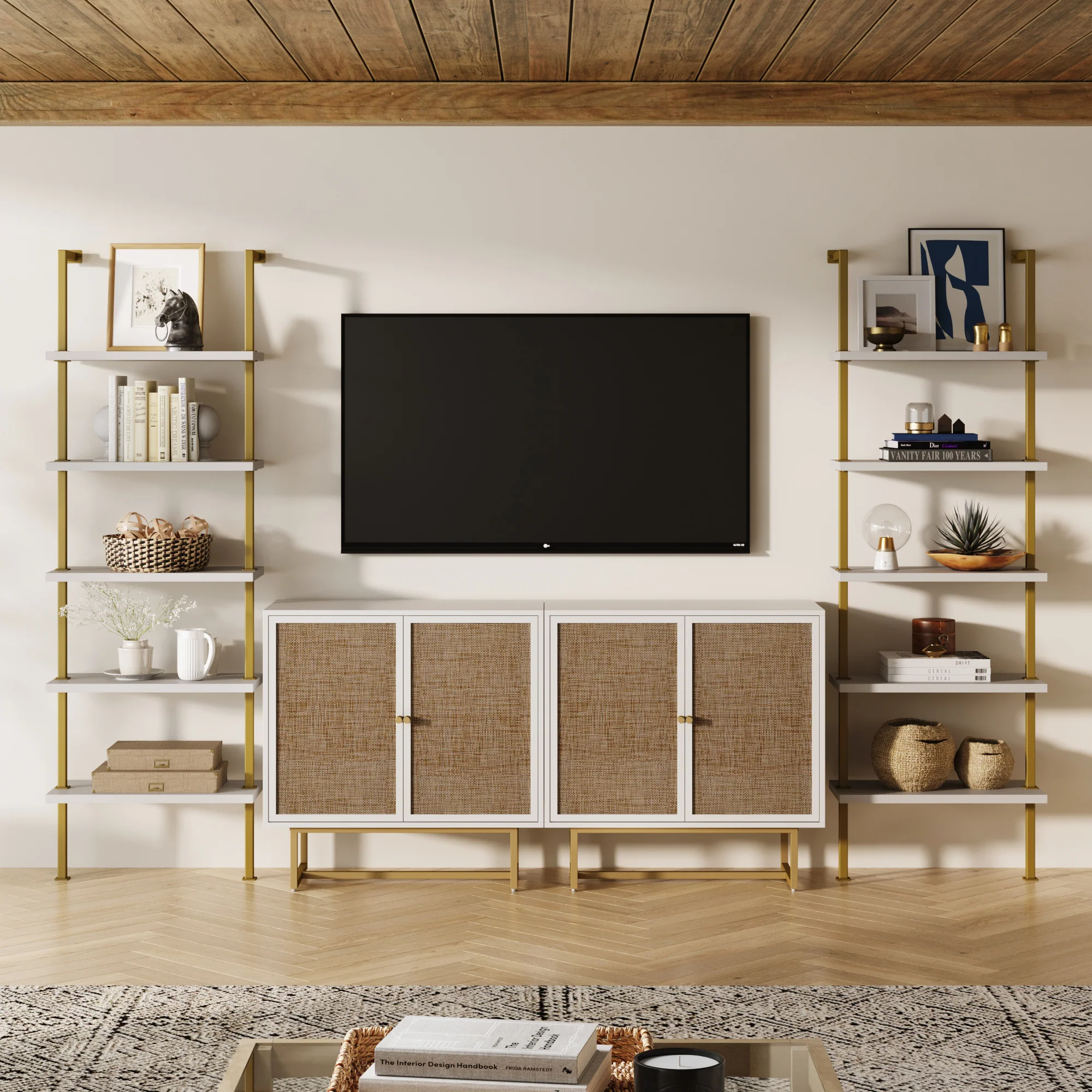 Modern Metal and Wood TV Entertainment Center with Bookcase (2 Cabinets)