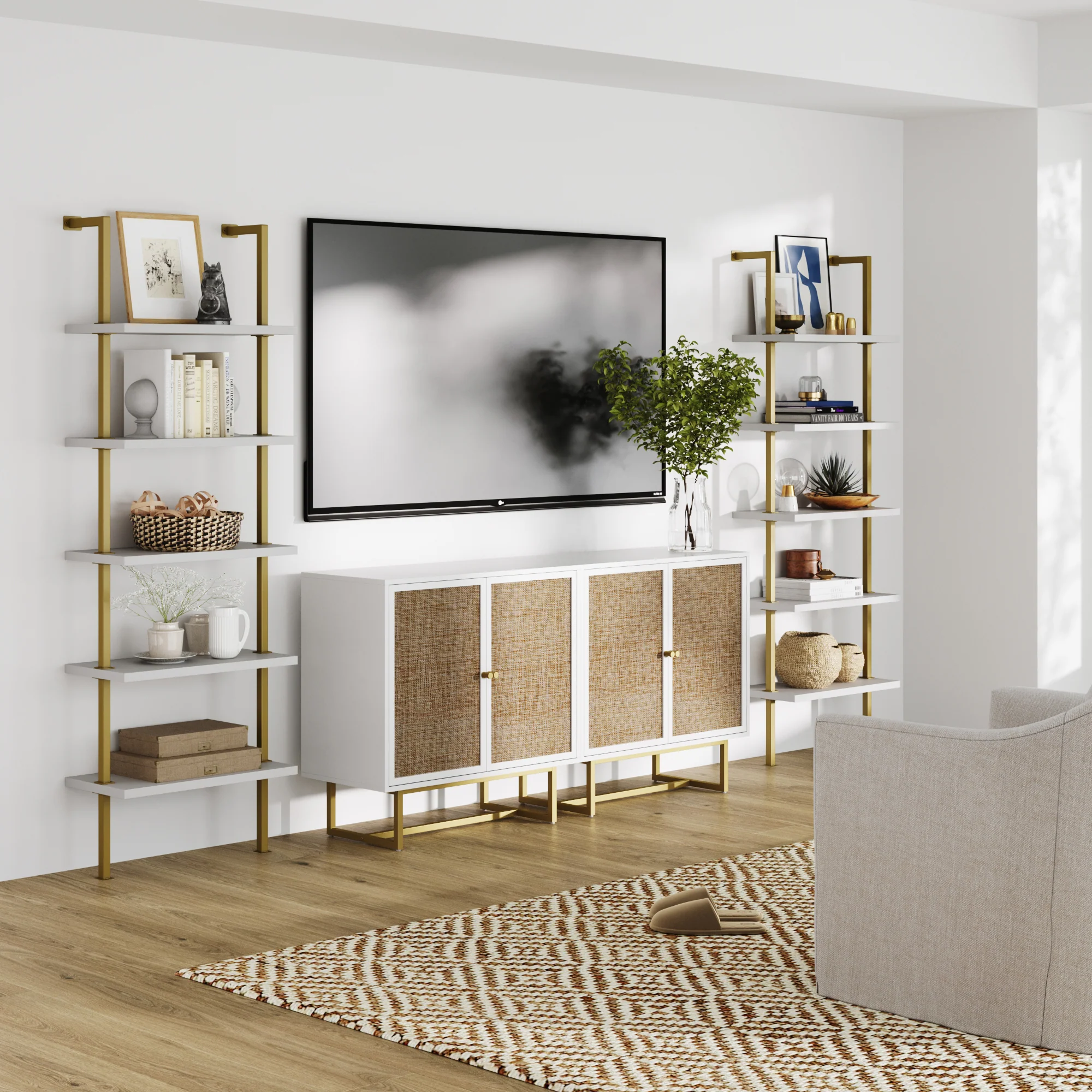 Modern Metal and Wood TV Entertainment Center with Bookcase (2 Cabinets) - Image 2