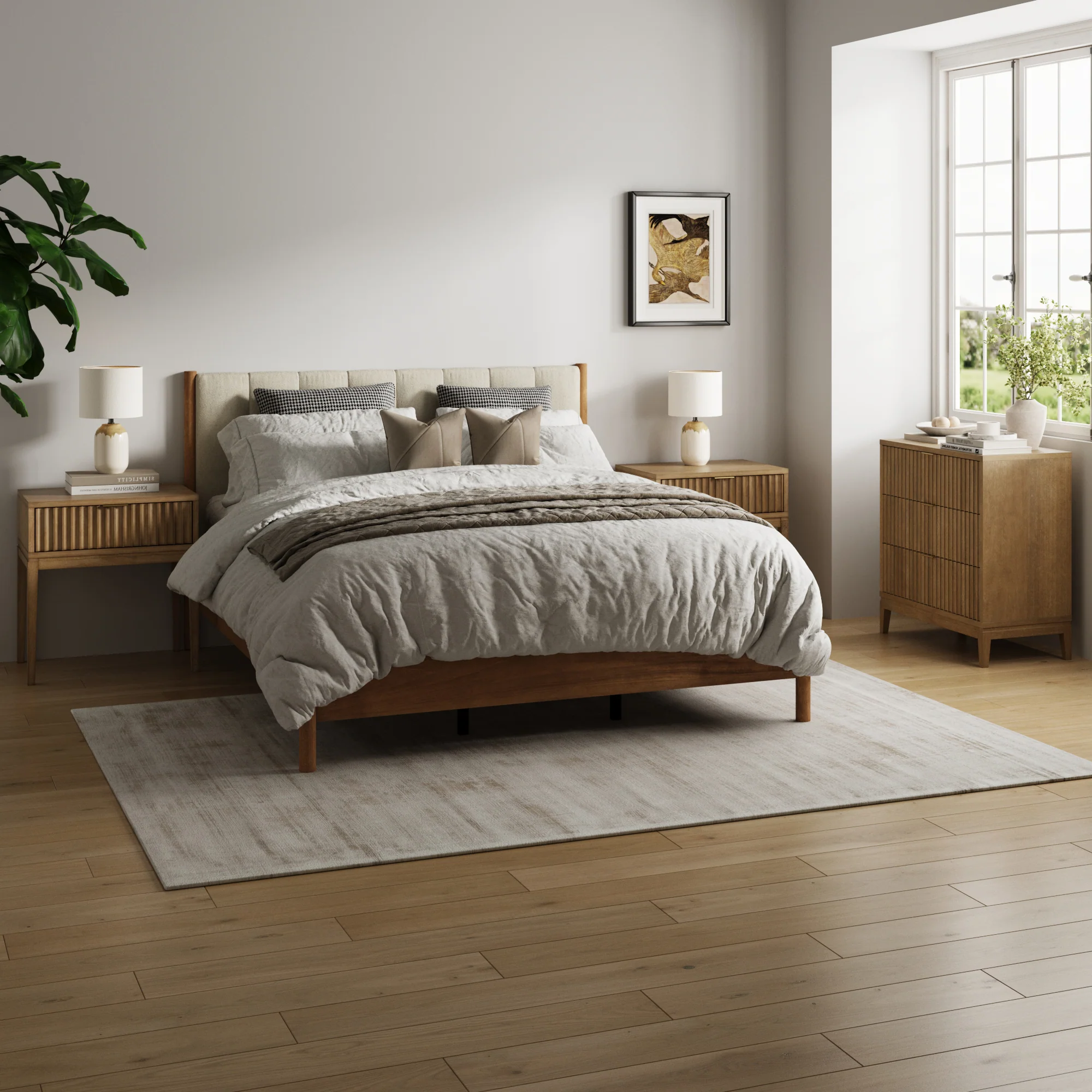 Modern Queen Bedroom Set with 1 Fluted Dresser and 2 Nightstands Light Brown