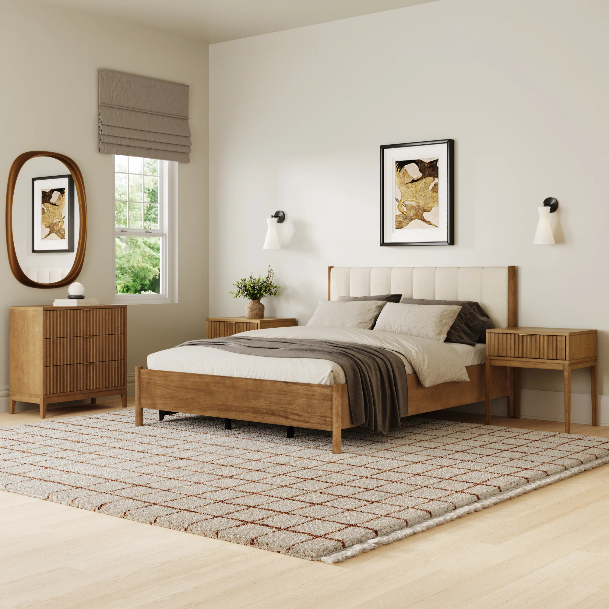 Modern Queen Bedroom Set with 1 Fluted Dresser and 2 Nightstands Light Brown - Image 2
