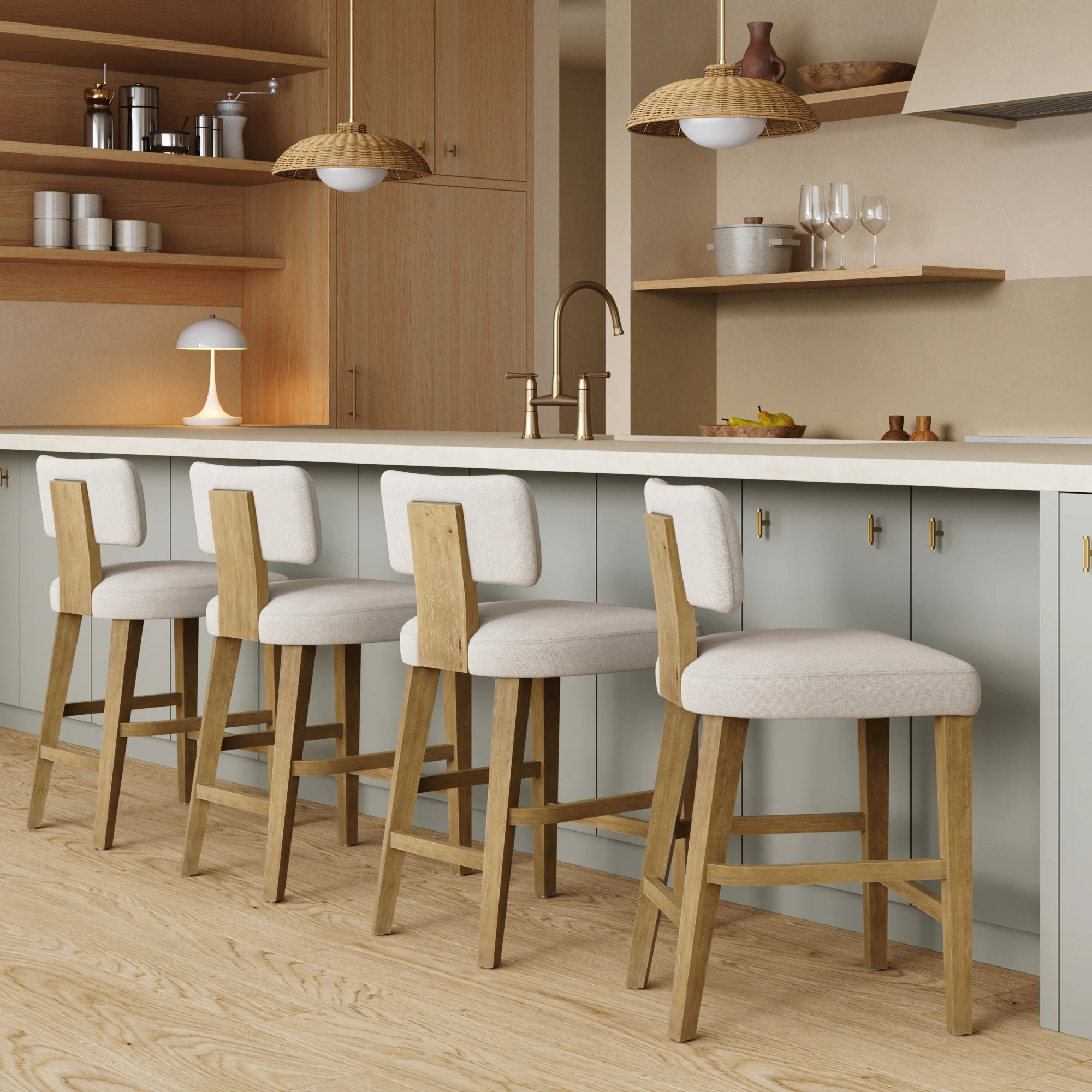 Modern Upholstered Stool with Bent Wood Back Flax/Light Brown (Set of 4)