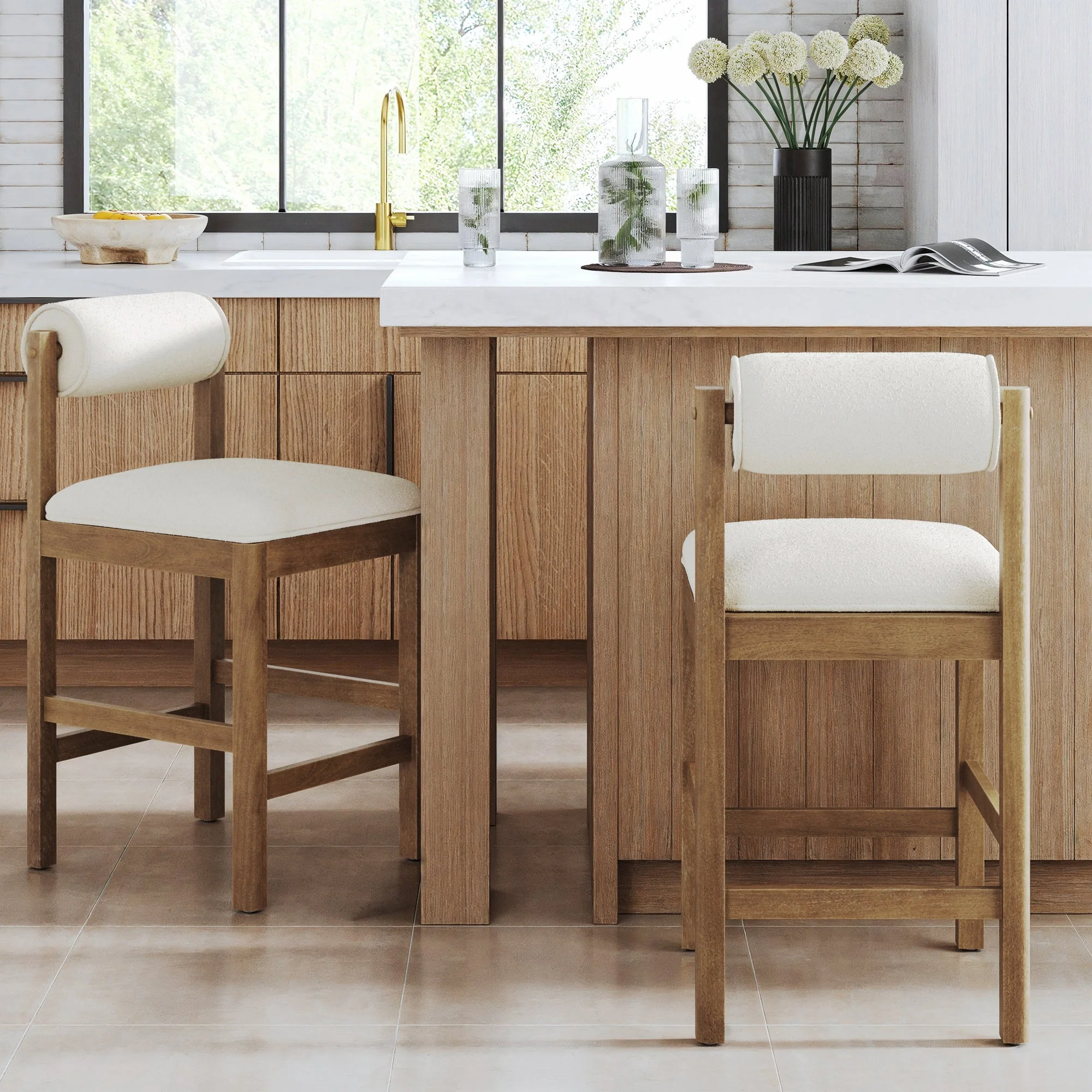 Modern Wood & Boucle Bar Stool with Bolster Back Cream/Light Brown (Set of 2)