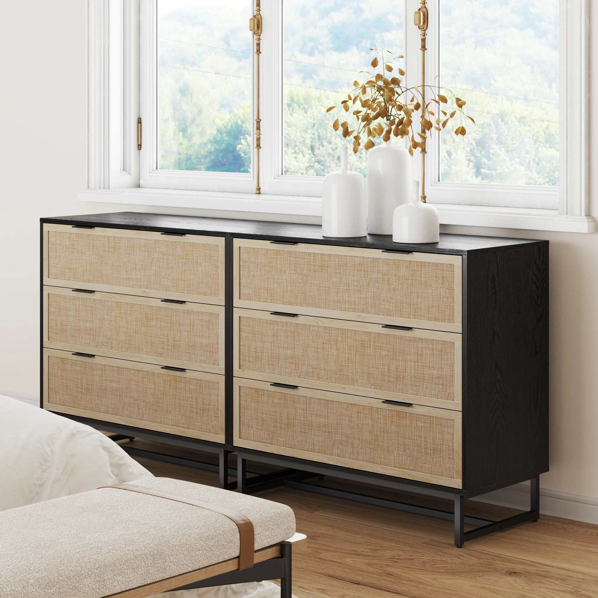 Rattan, Wood & Metal 3-Drawer Dressers Black (Set of 2) - Image 2