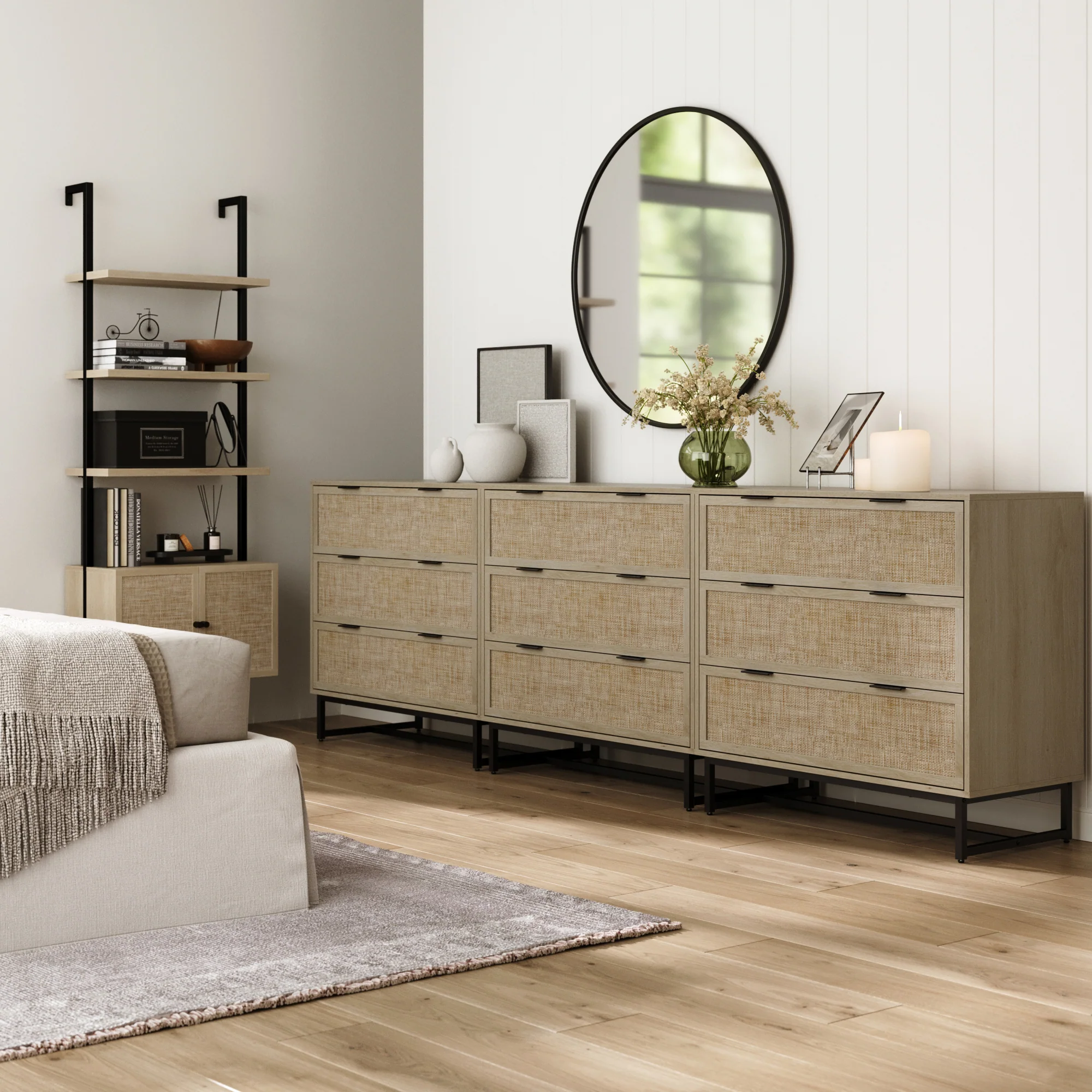 Rattan, Wood & Metal 3-Drawer Large Dresser Oak (Set of 3) - Image 2
