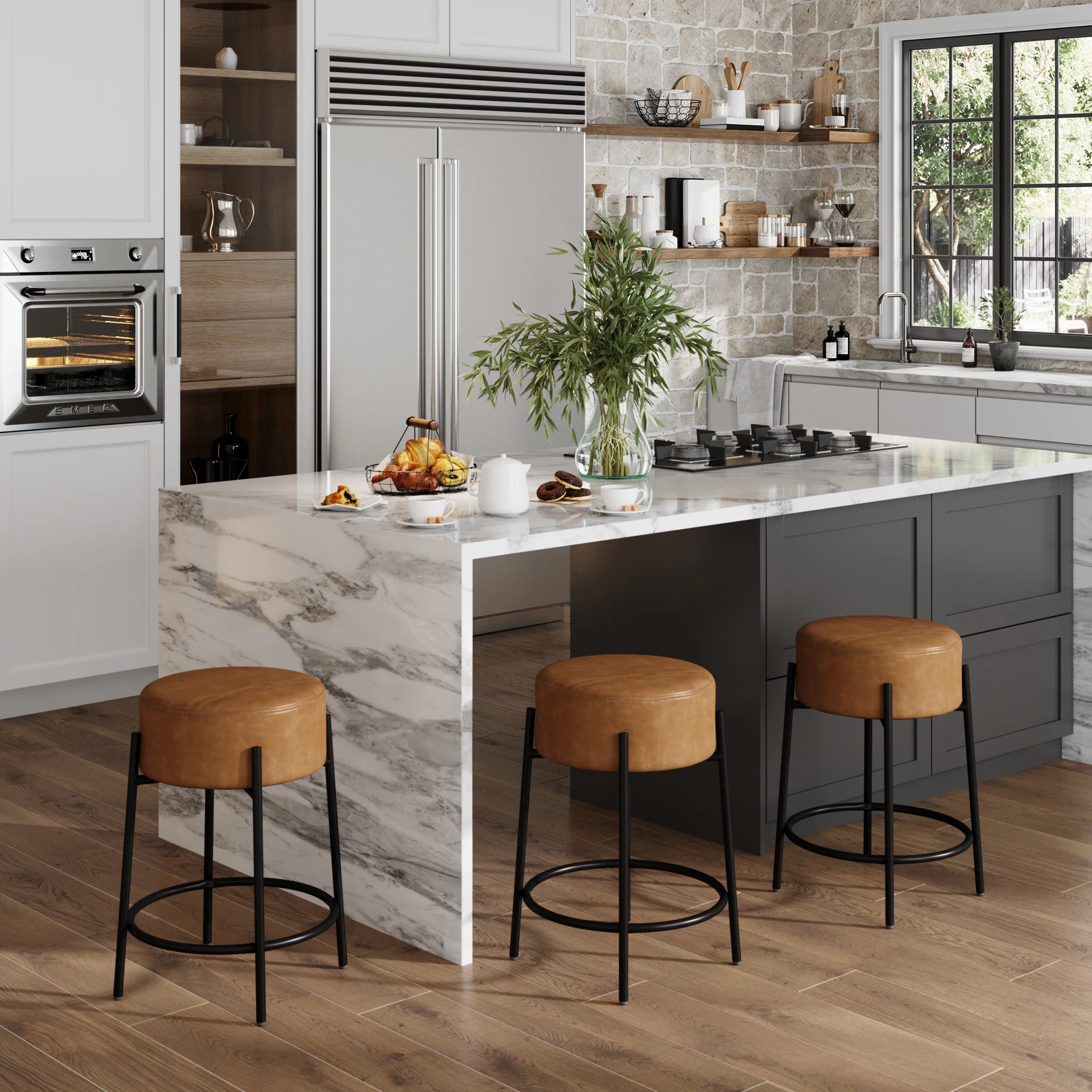 Round Faux Leather Backless Counter Height Bar Stools Brown (Set of 3) - Image 2