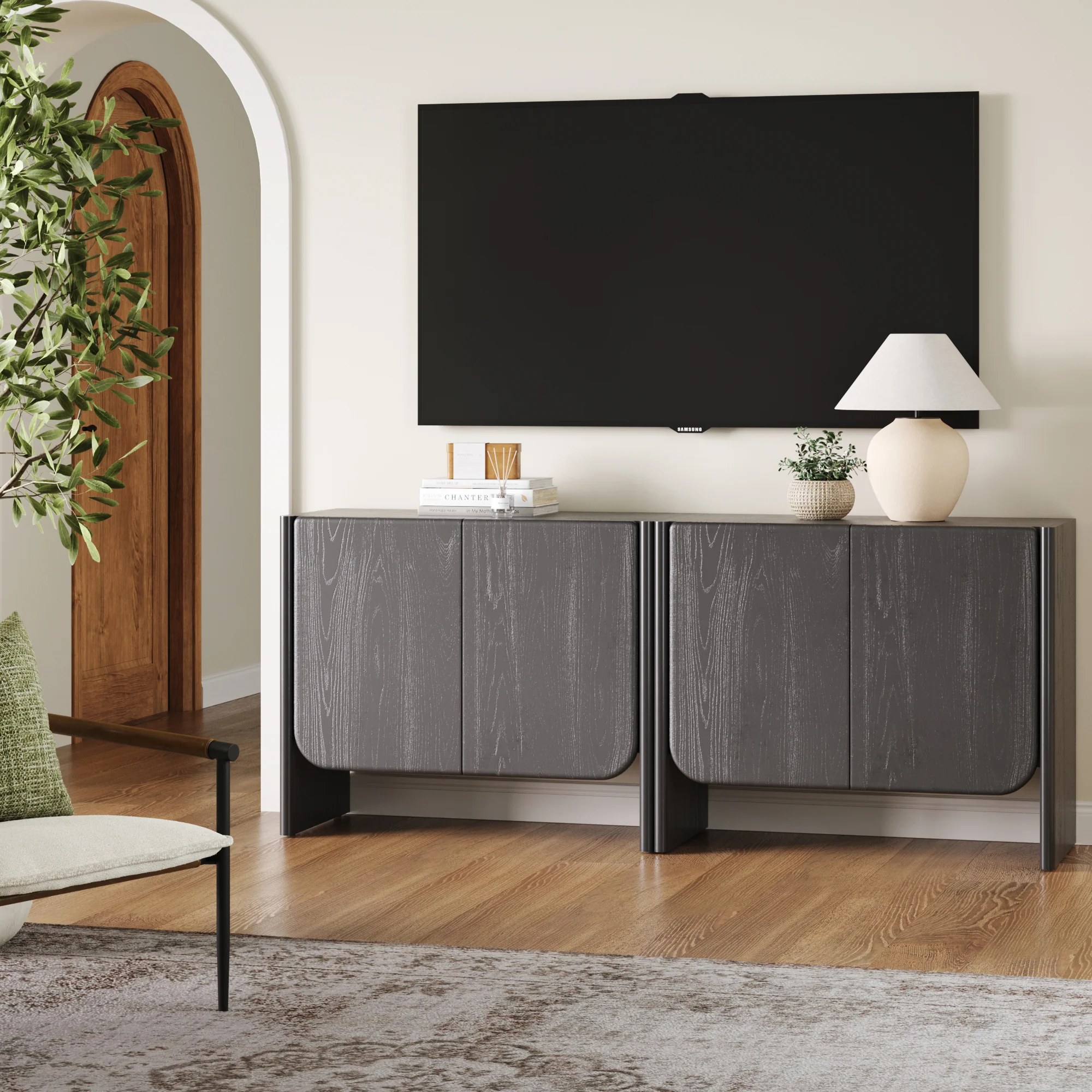 Rounded Wood Cabinet Credenza Black Oak (Set of 2) - Image 2