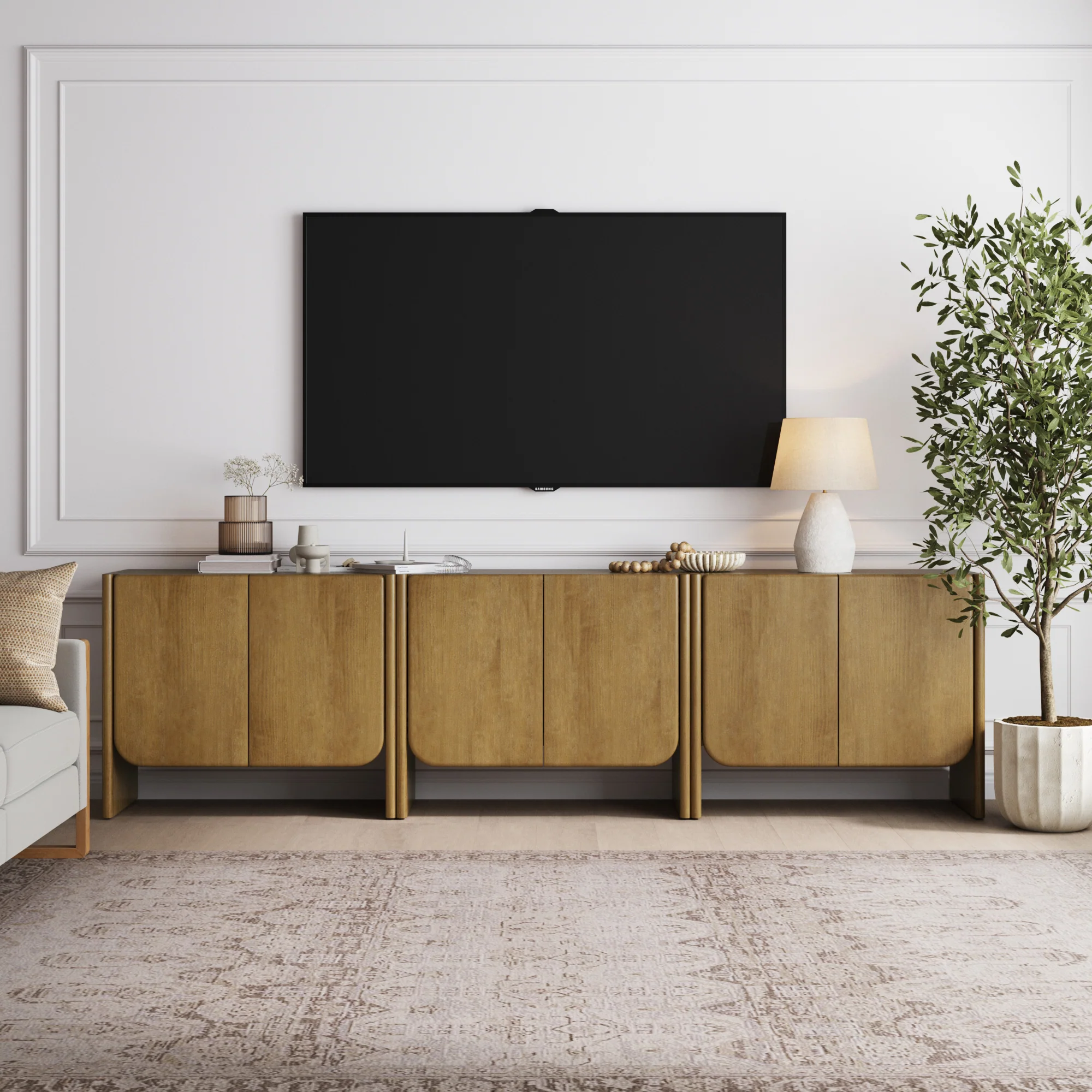 Rounded Wood TV Console Cabinet Light Brown for TVs up to 75"