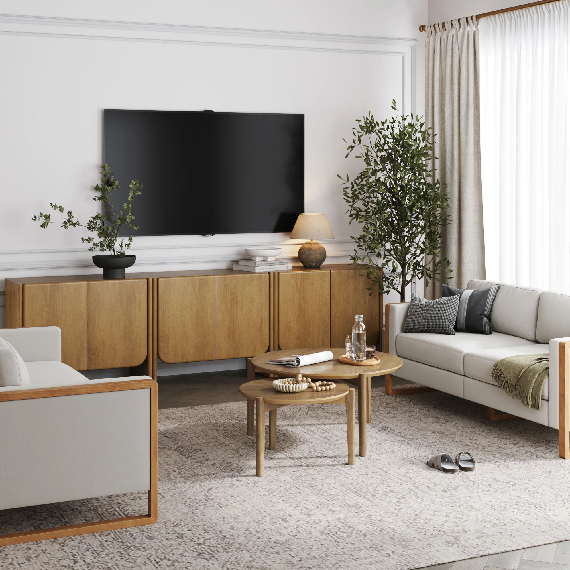 Rounded Wood TV Console Cabinet Light Brown for TVs up to 75" - Image 2