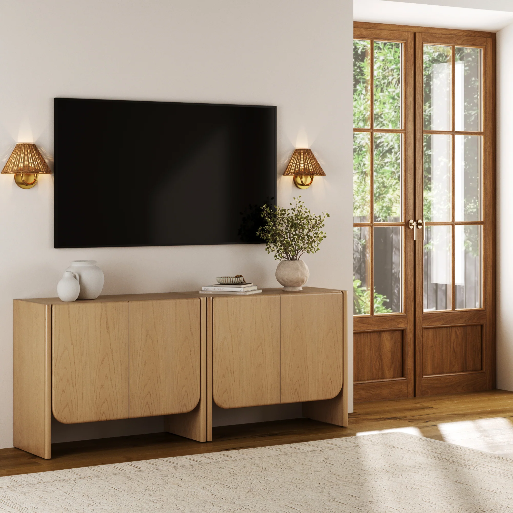 Rounded Wood Accent Cabinet or Kitchen Credenza Raw Oak (Set of 2) - Image 2