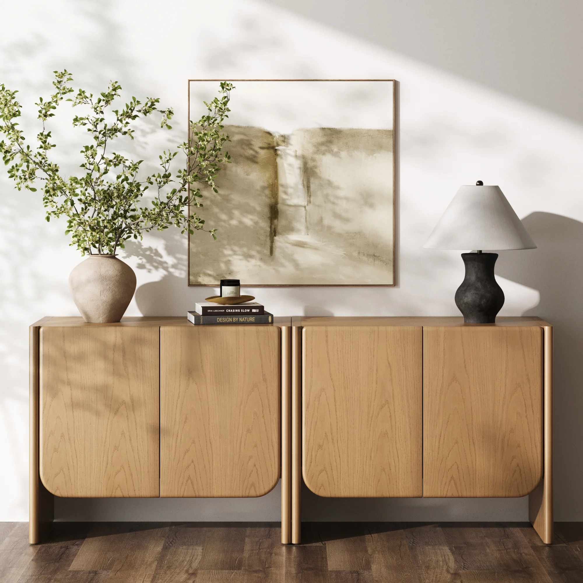 Rounded Wood Accent Cabinet or Kitchen Credenza Raw Oak (Set of 2)