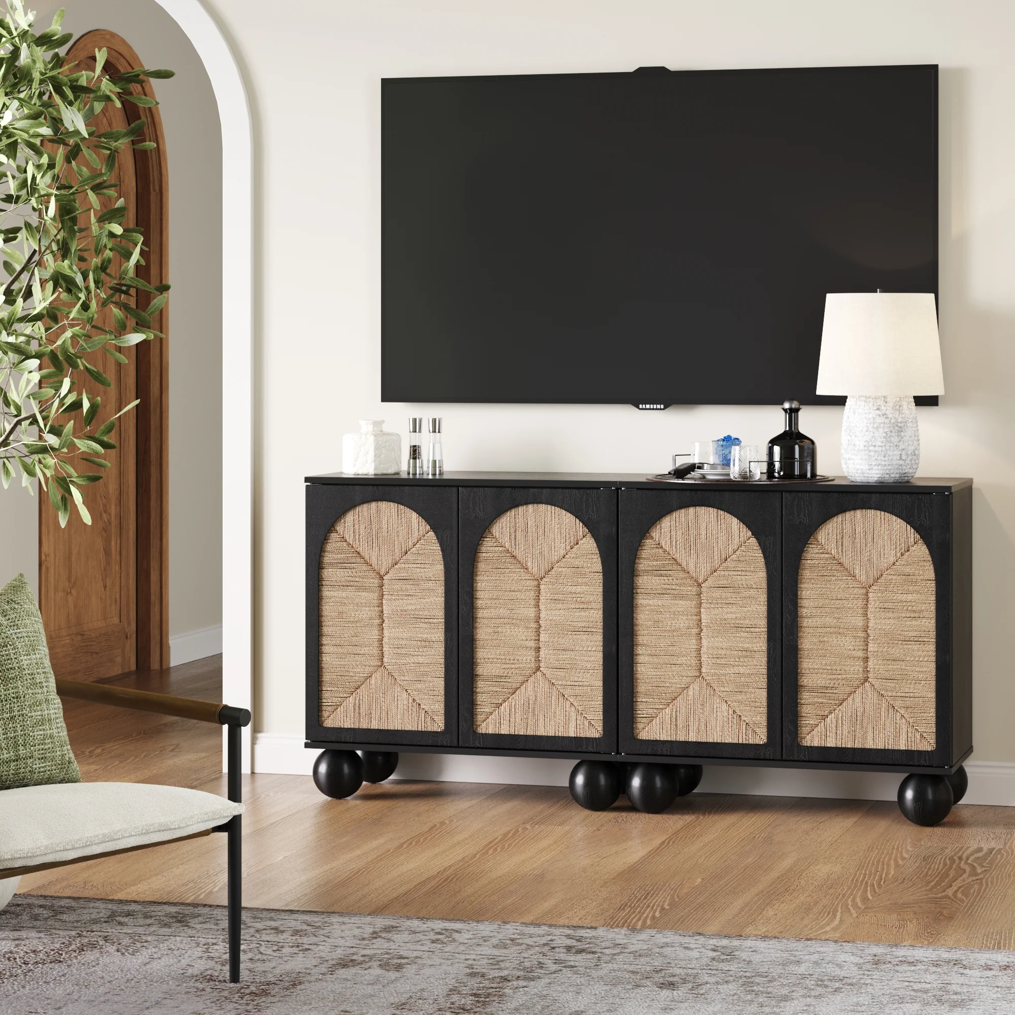 Seagrass Arched Storage Cabinet Credenza Black (Set of 2) - Image 3