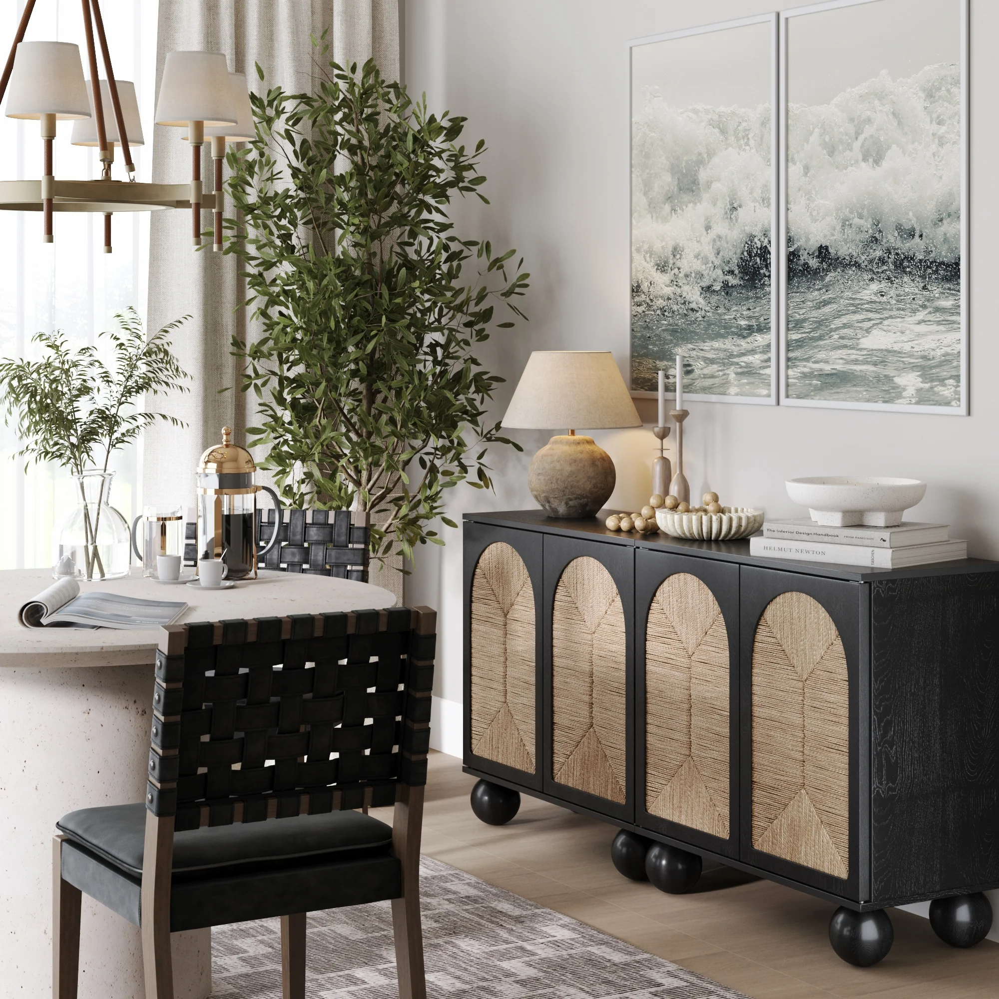 Seagrass Arched Storage Cabinet Credenza Black (Set of 2) - Image 2