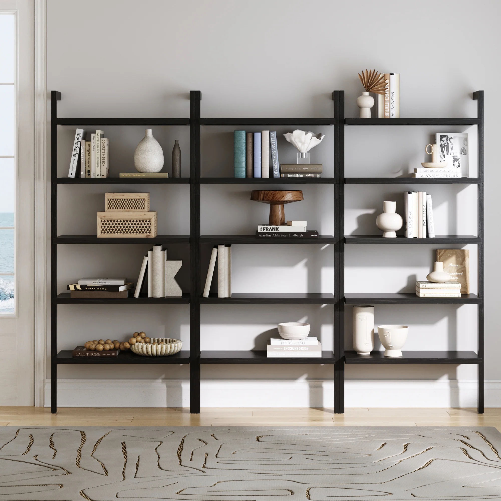Wood 5 Tier Wall Mounted Bookshelf Black Oak (Set of 3)