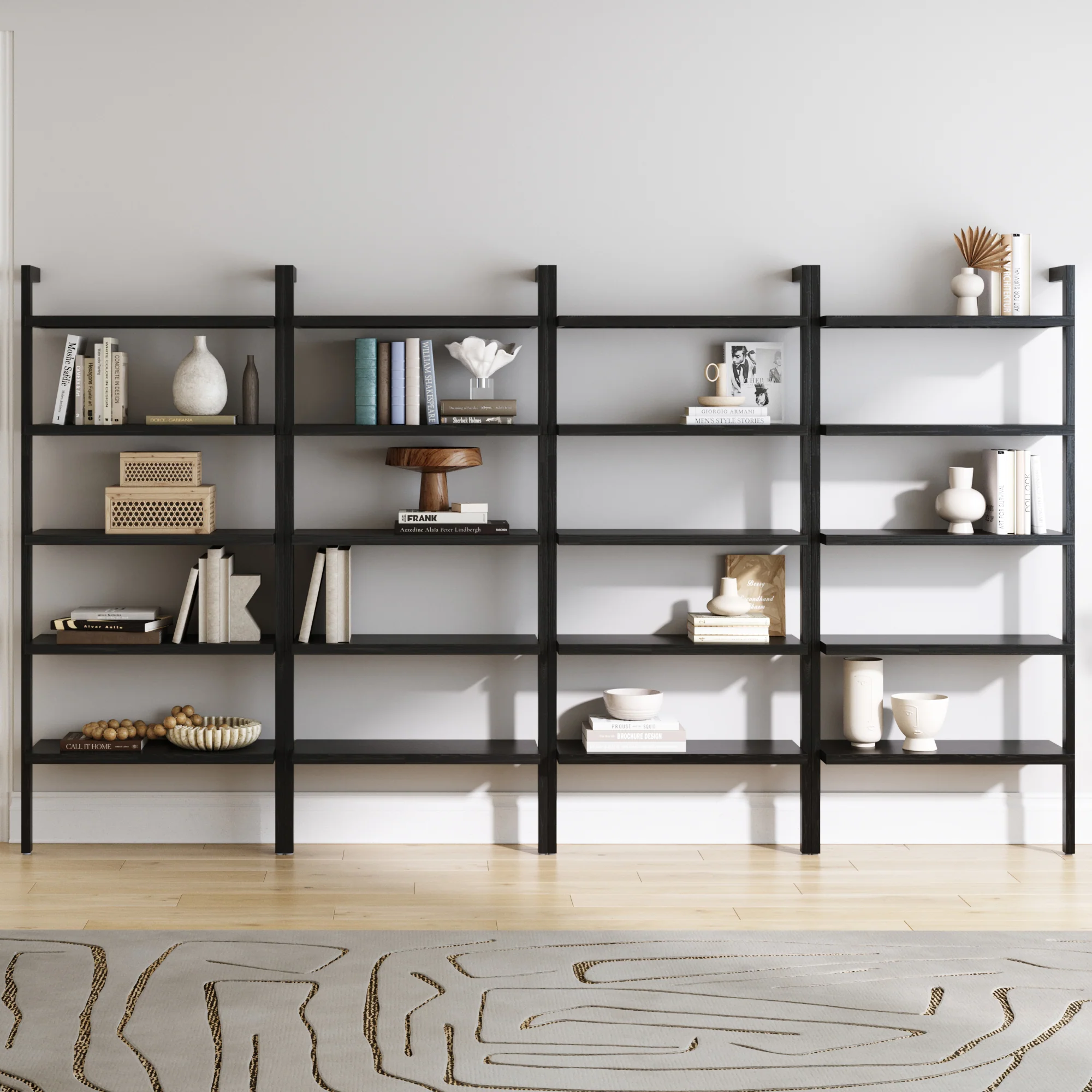 Wood 5 Tier Wall Mounted Bookshelf Black Oak (Set of 4)