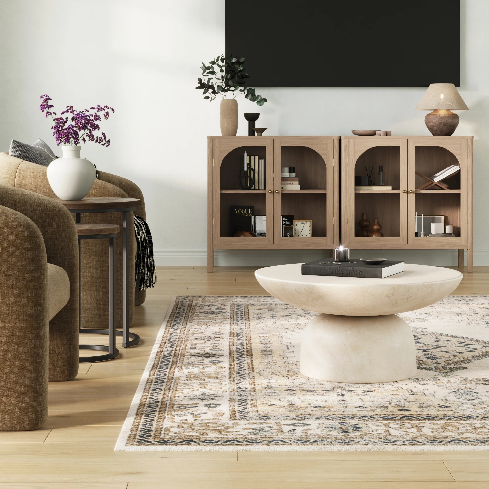 Curio Cabinet Credenza with Glass Door Raw Oak (Set of 2) - Image 3