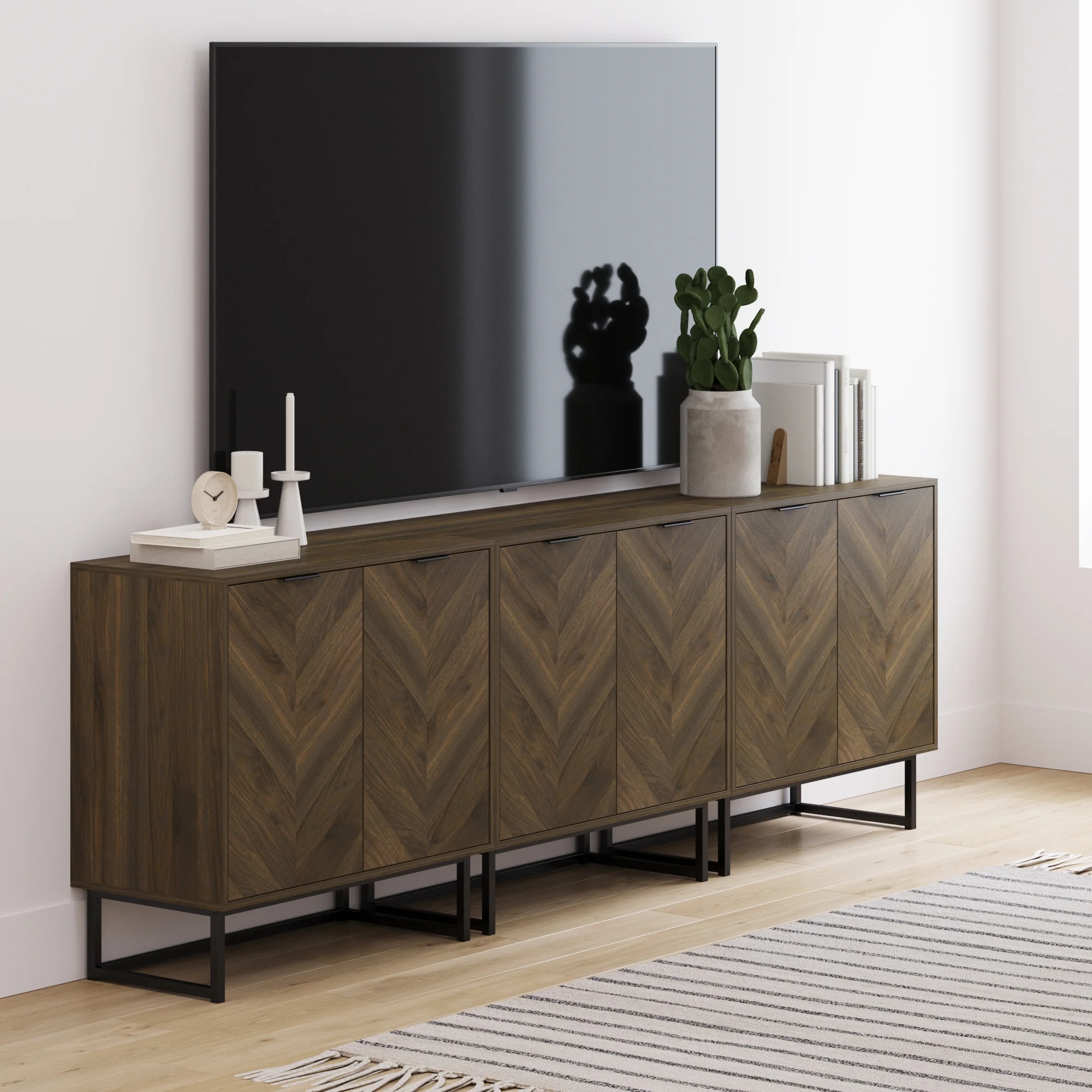Wood Herringbone TV Console for TVs up to 75" Walnut