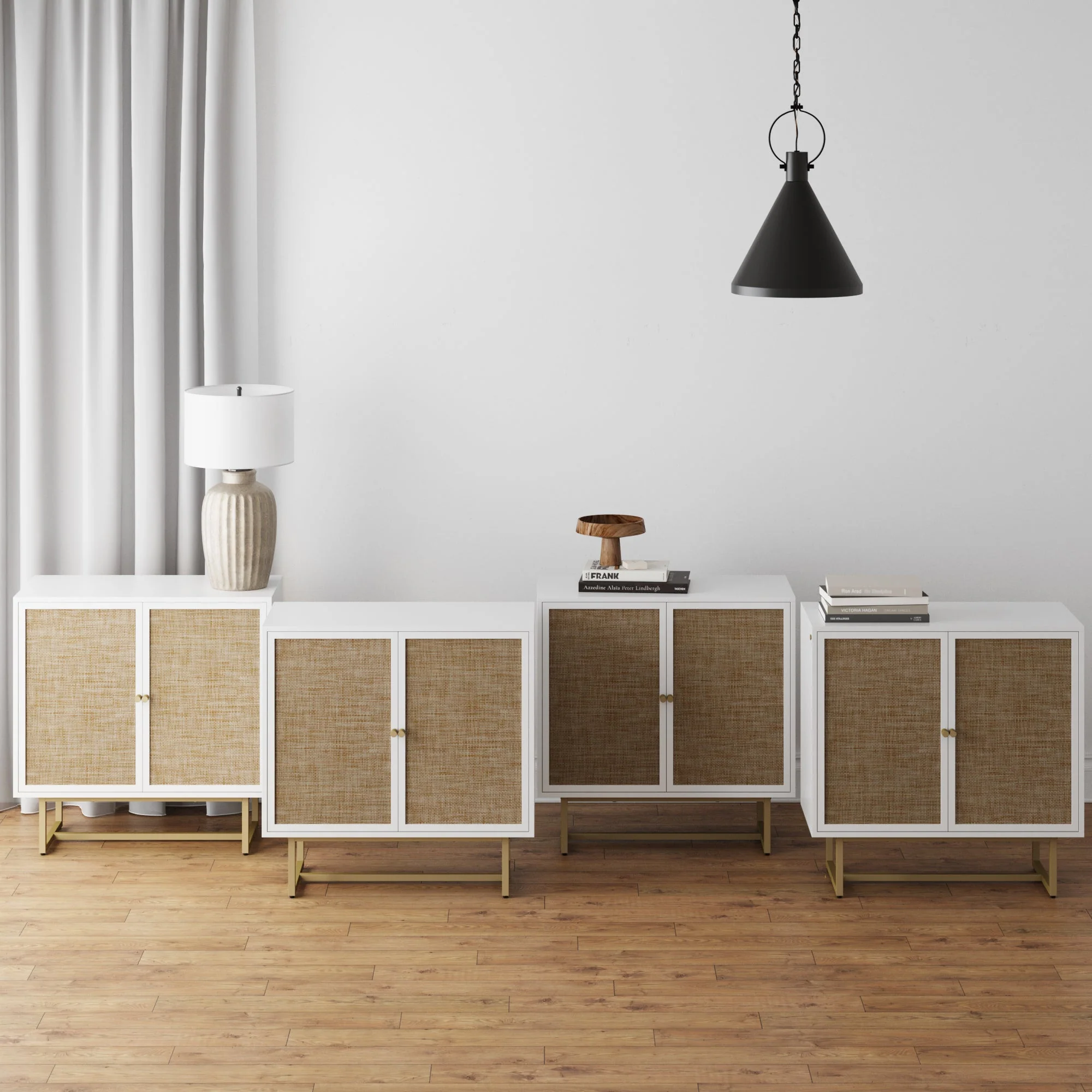 Large Rattan Credenza Console Table White (Set of 4) - Image 2