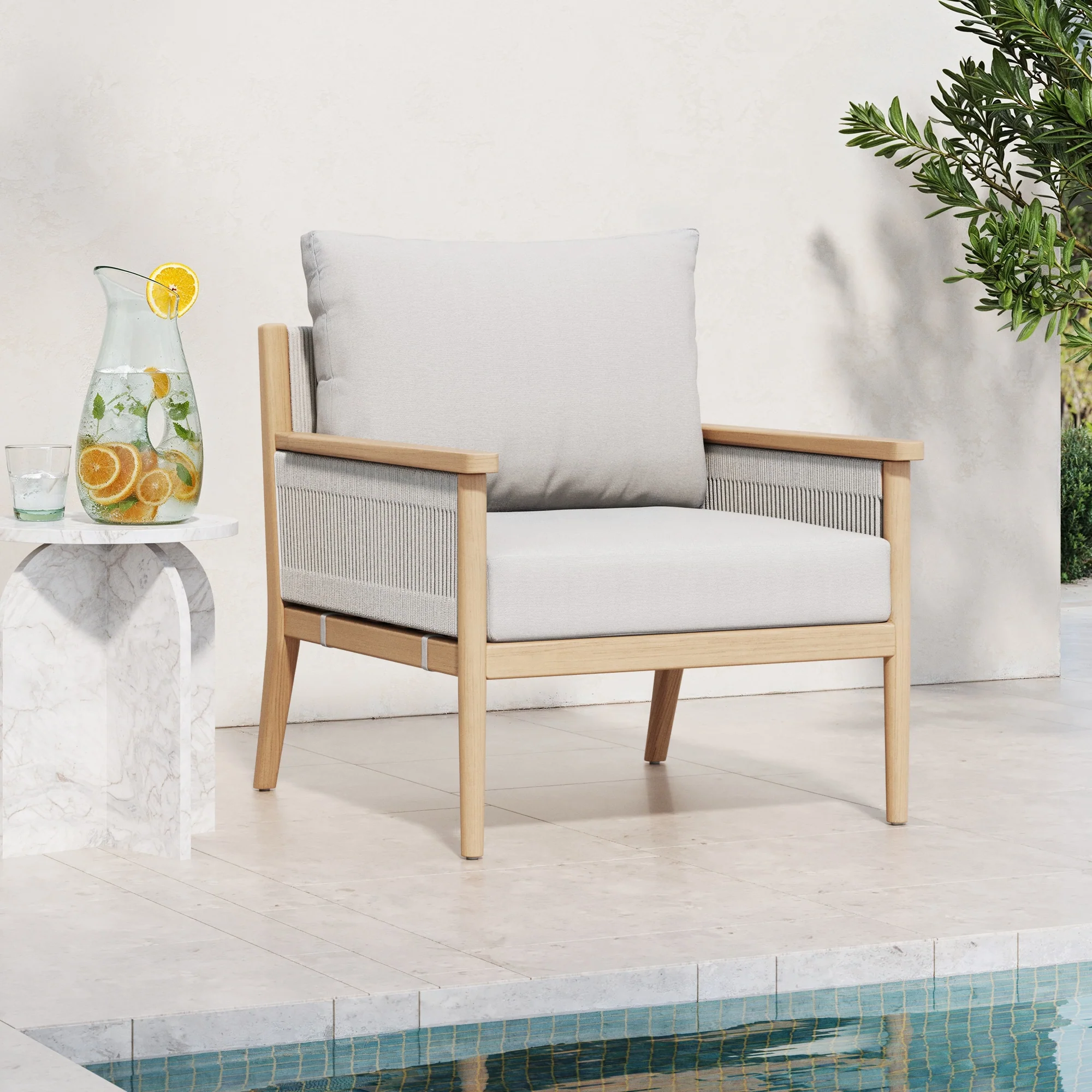Outdoor Wood & Rope Patio Arm Chair Ash White